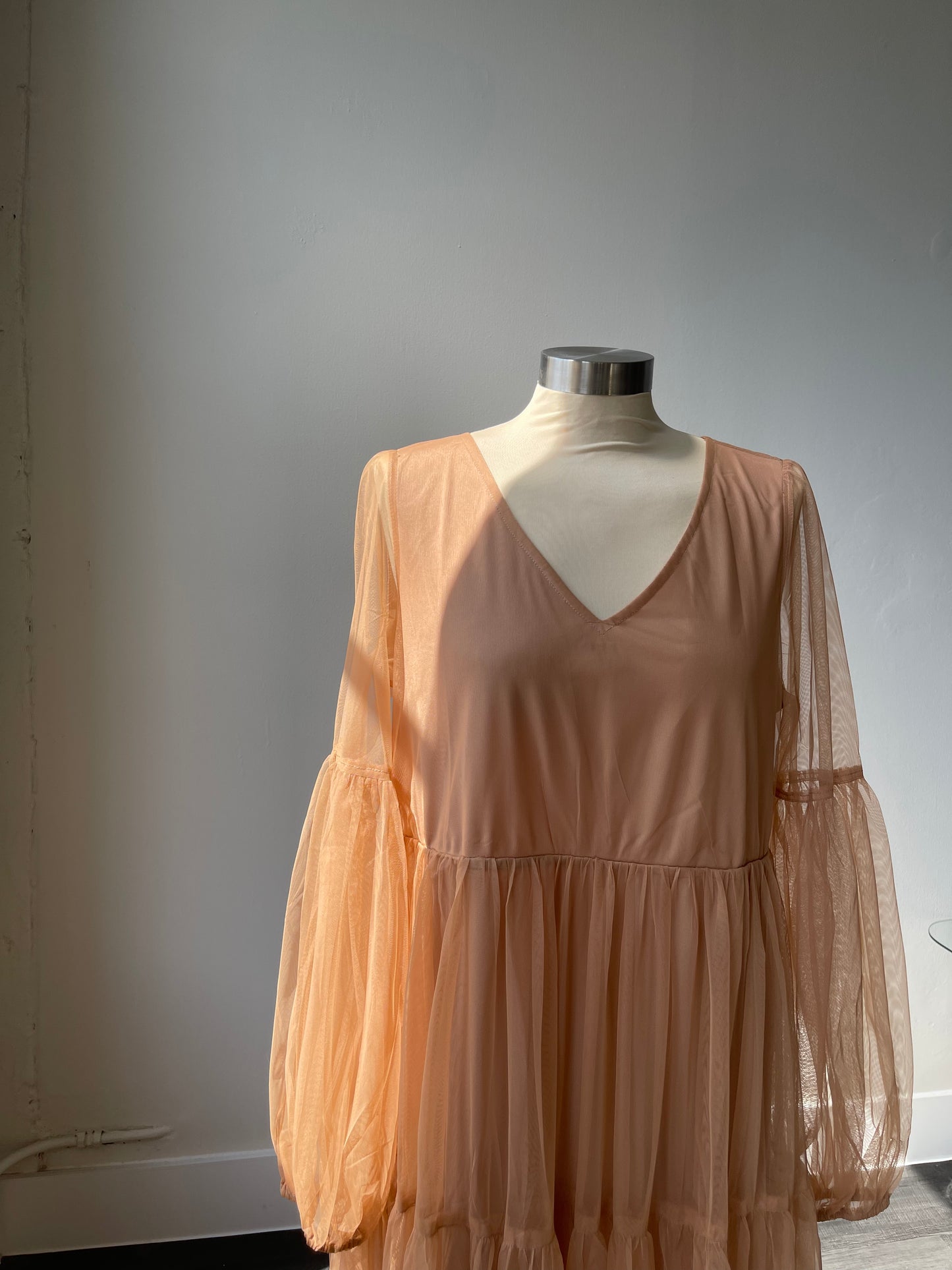 Brandi V Neck Sheer Balloon Sleeve Maxi Dress In Clay