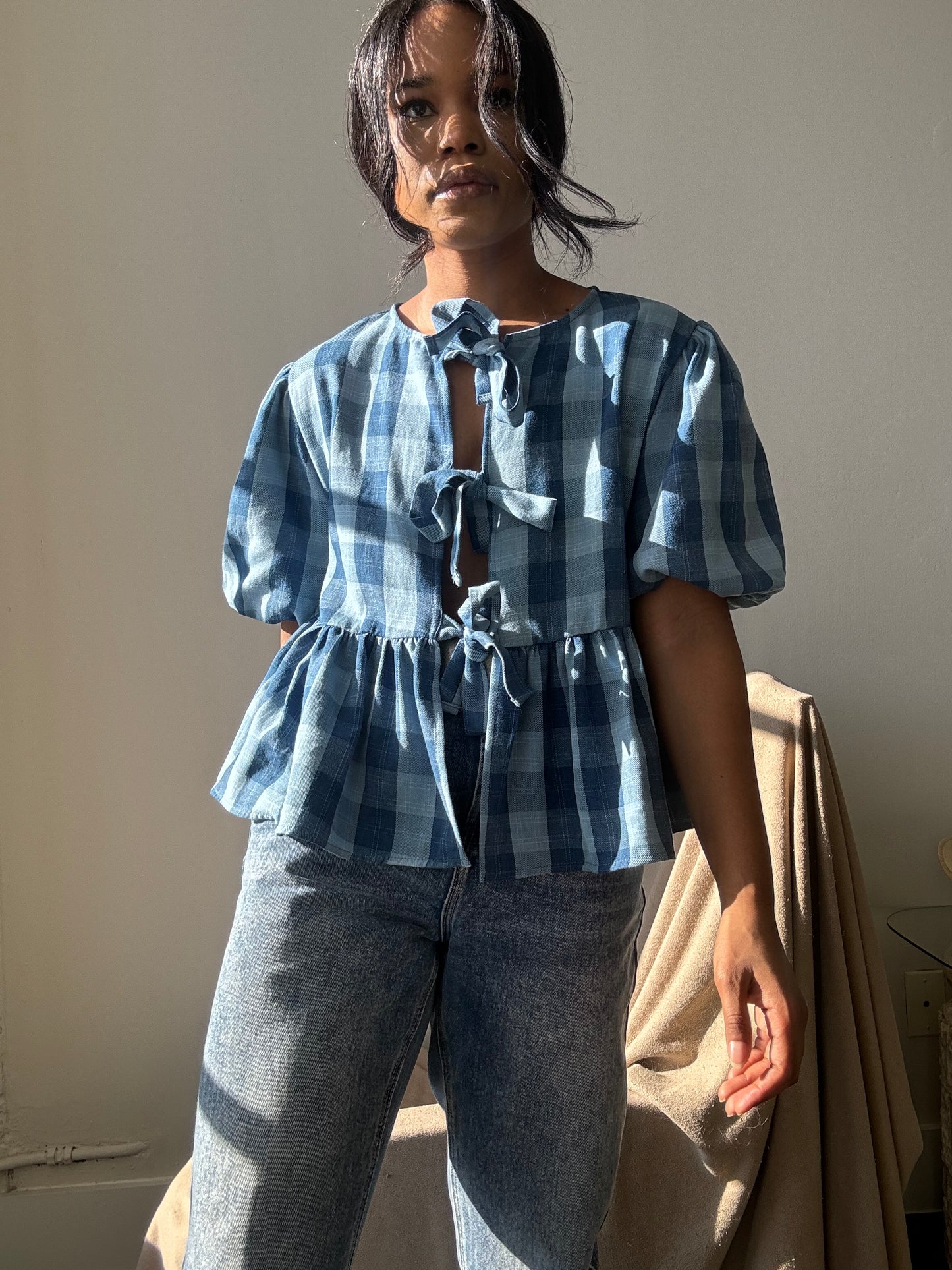 Gable Cotton Plaid Tie Top In Vintage Denim Blue