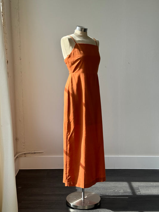 Renee Linen & Cotton Lace Up Back Maxi Dress In Rust