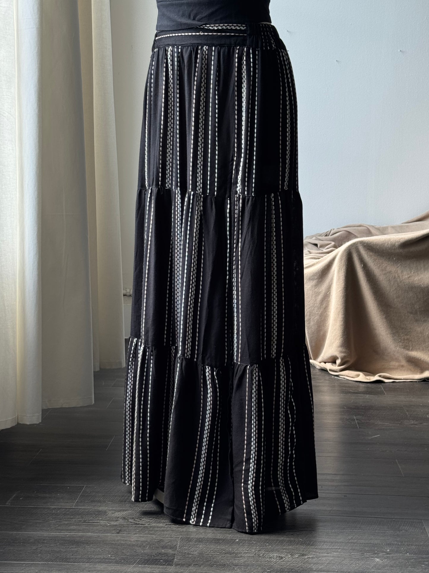 Melissa Embroidered Striped Slit Maxi Skirt In Blush Black