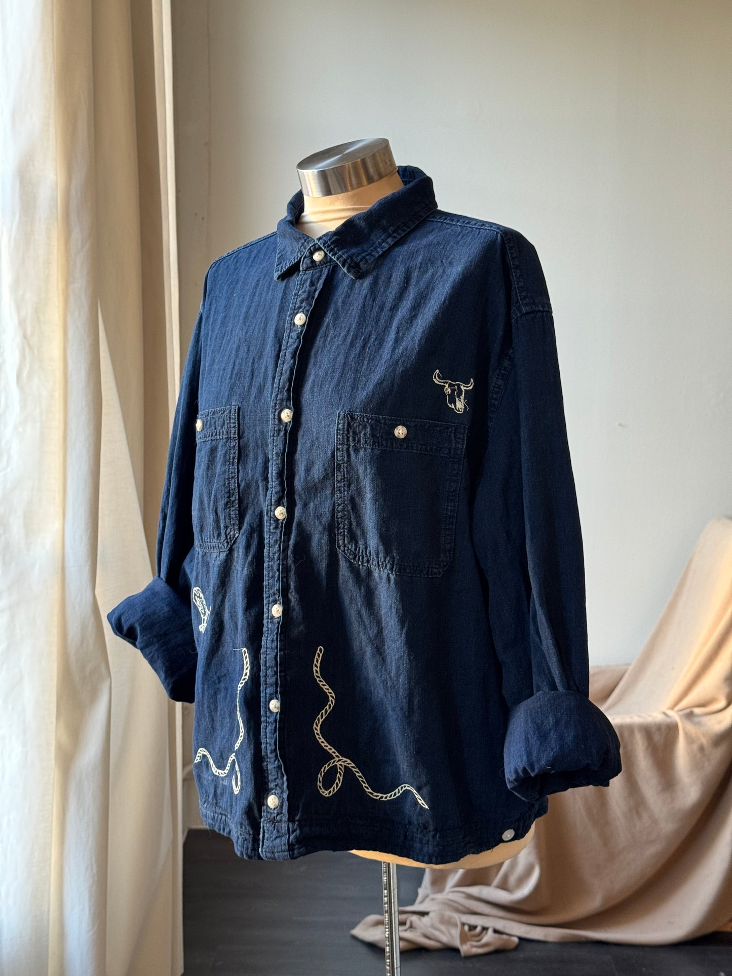 The Lawrence Handcrafted Sad Songs Cropped Cotton Button Down Long Sleeve