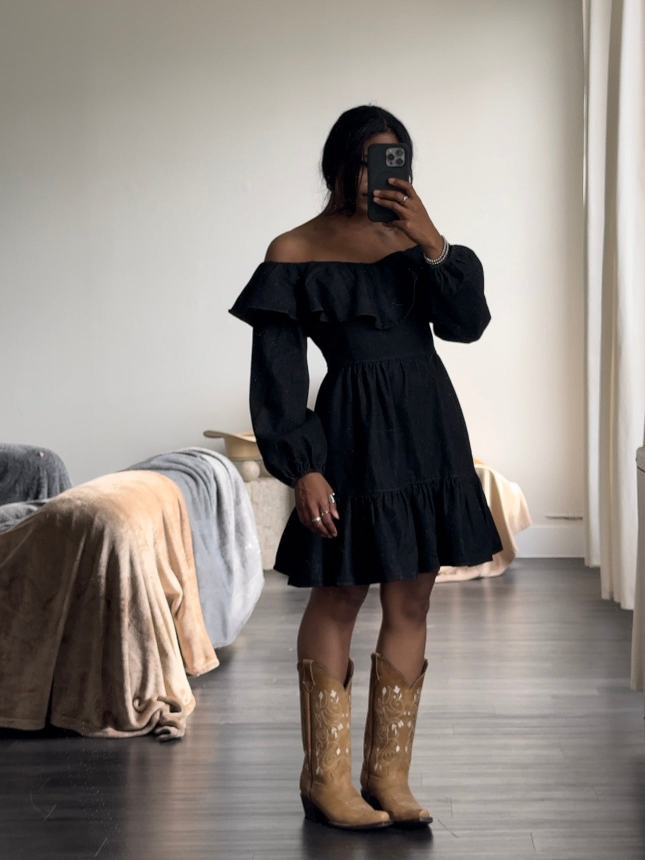 Carmen Cotton On Or Off Shoulder Classic Denim Dress In Vintage Black