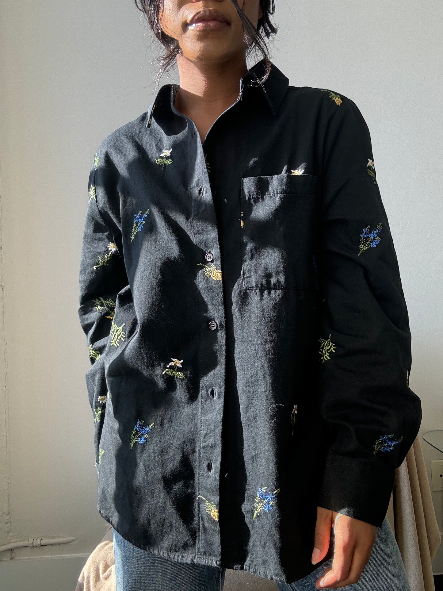 Marlene Cotton Embroidered Floral Button Down In Black