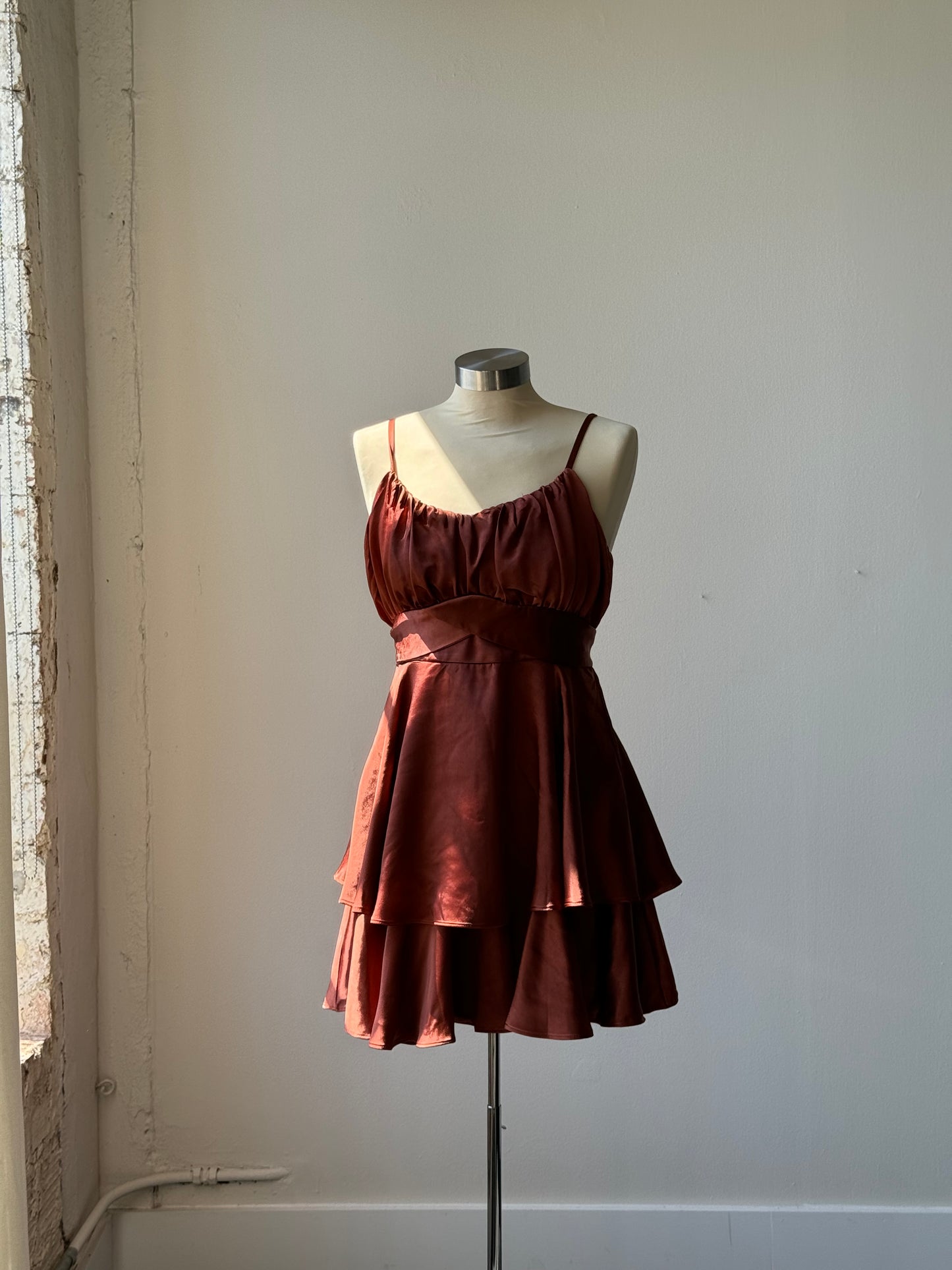 Saylor Tiered Satin Dress In Chocolate Brown