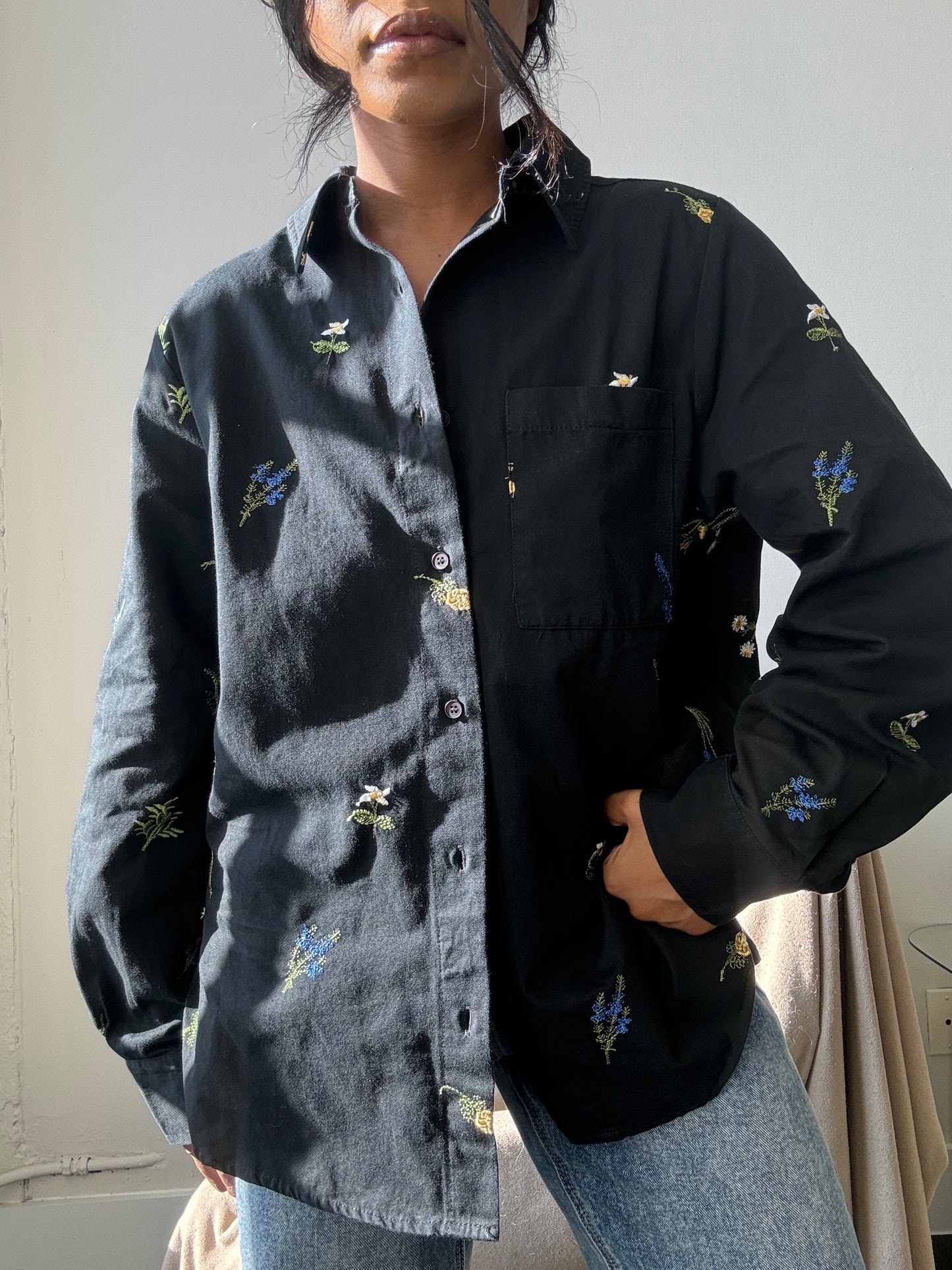 Marlene Cotton Embroidered Floral Button Down In Black