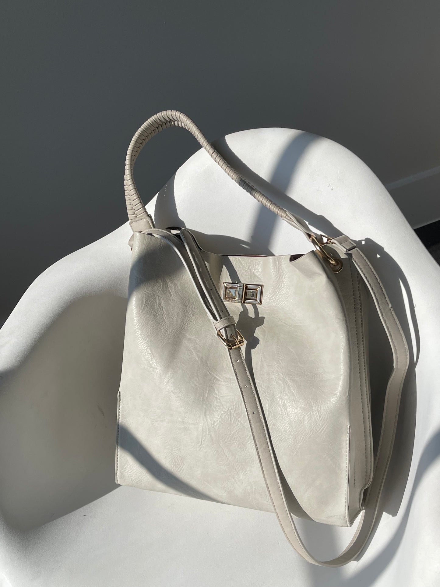 Perry Woven handle Utility Vegan Leather Tote Bag In Stone