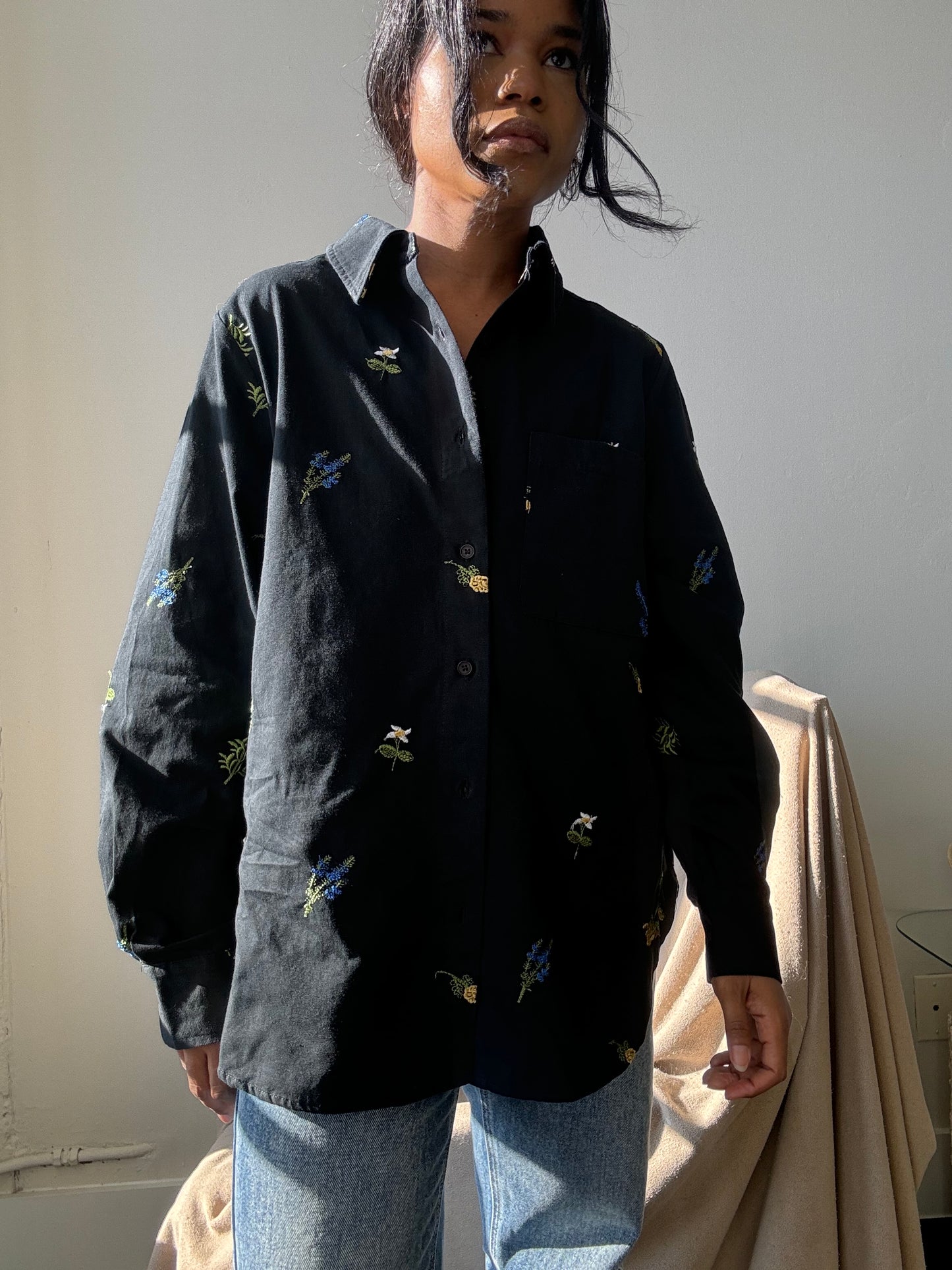 Marlene Cotton Embroidered Floral Button Down In Black