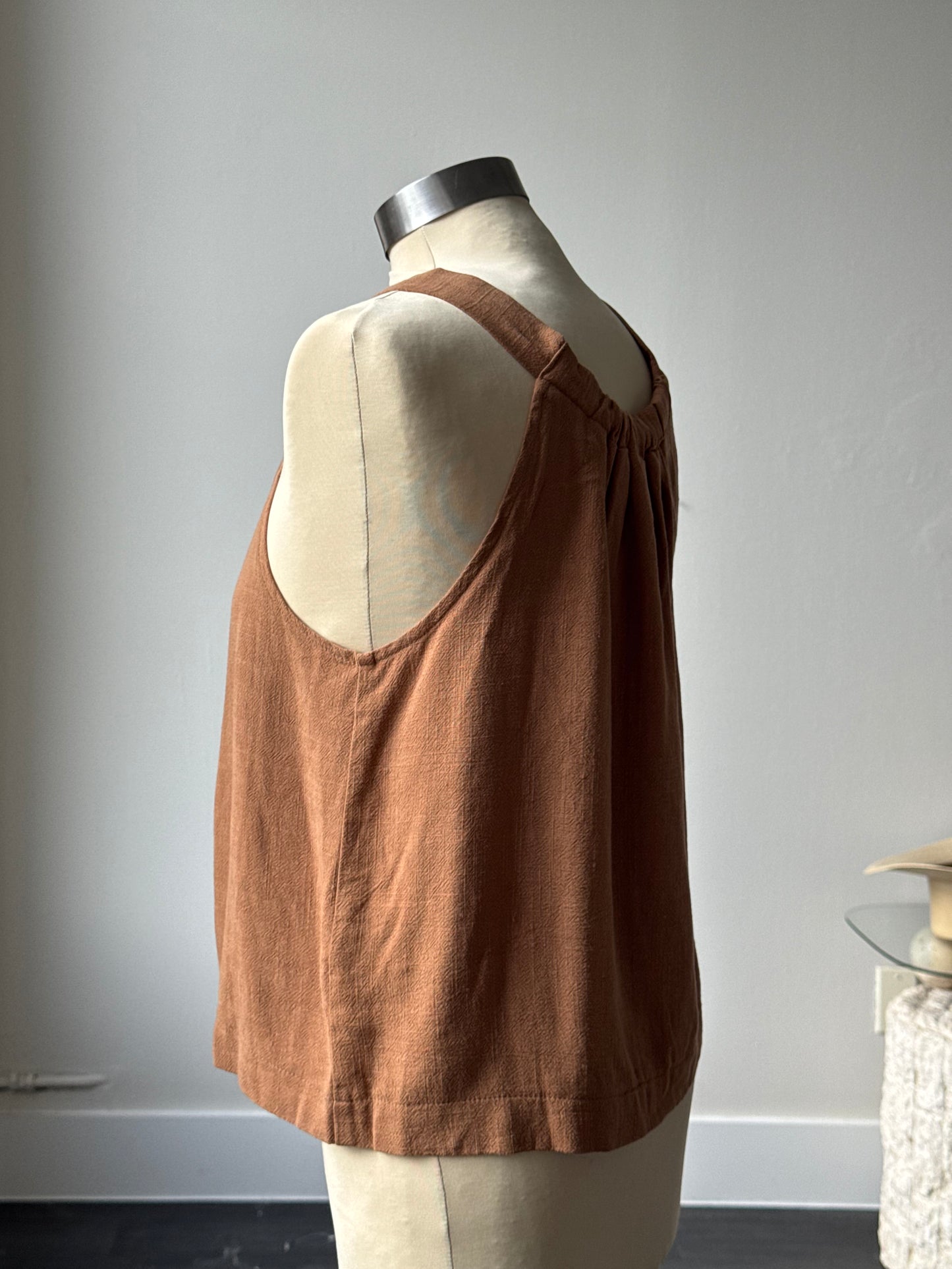 Teagan Linen Button Front Halter Tank Top In Rust