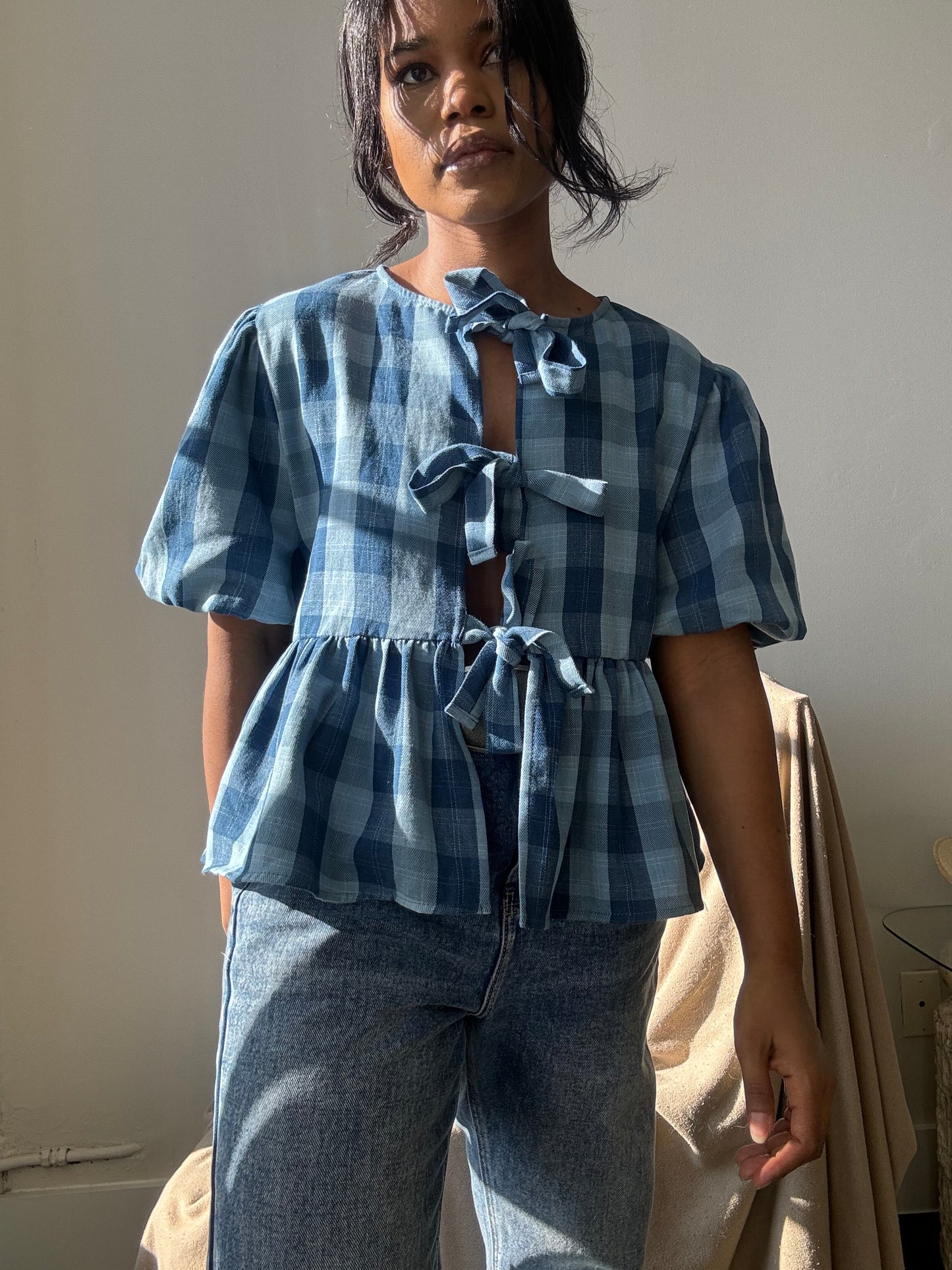 Gable Cotton Plaid Tie Top In Vintage Denim Blue