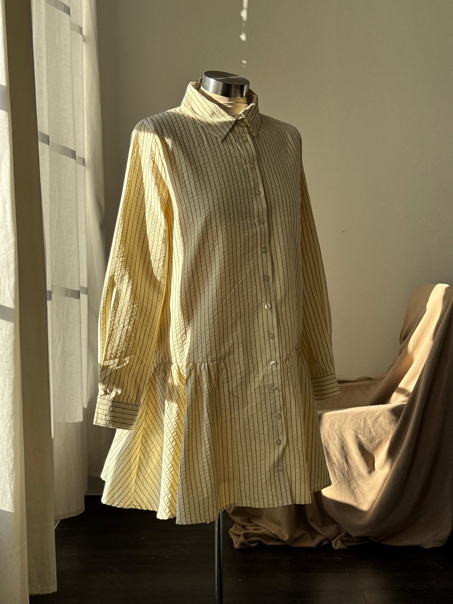 Cynthia Cotton Button Down Long Sleeve Striped Dress In Vanilla & Brown