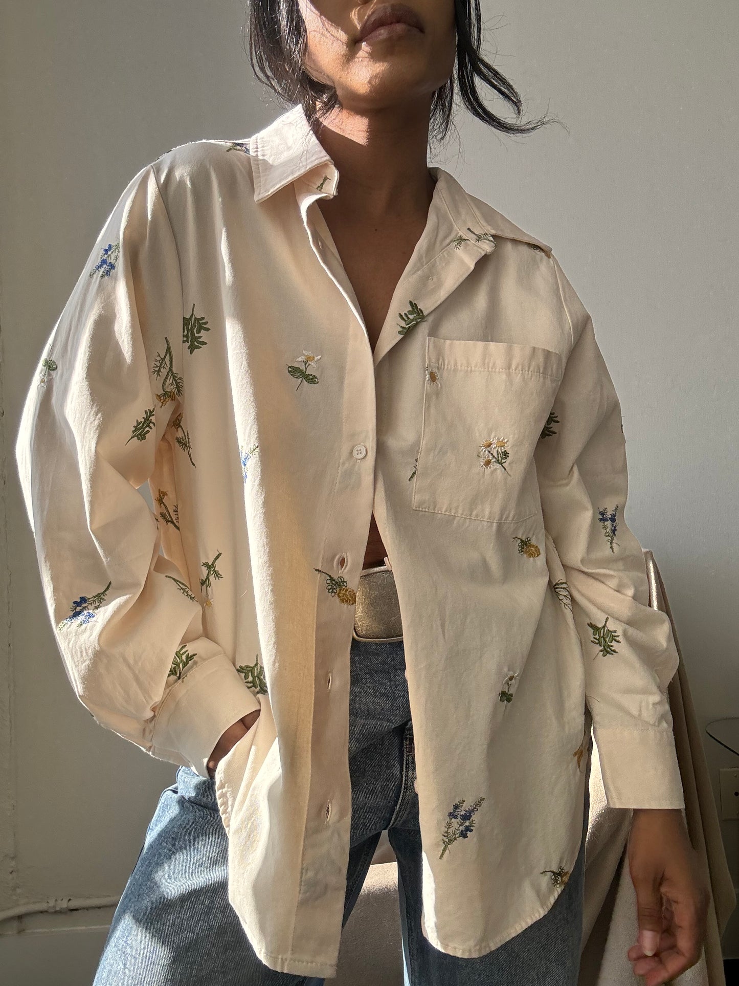 Marlene Cotton Embroidered Floral Button Down In Butter Cream