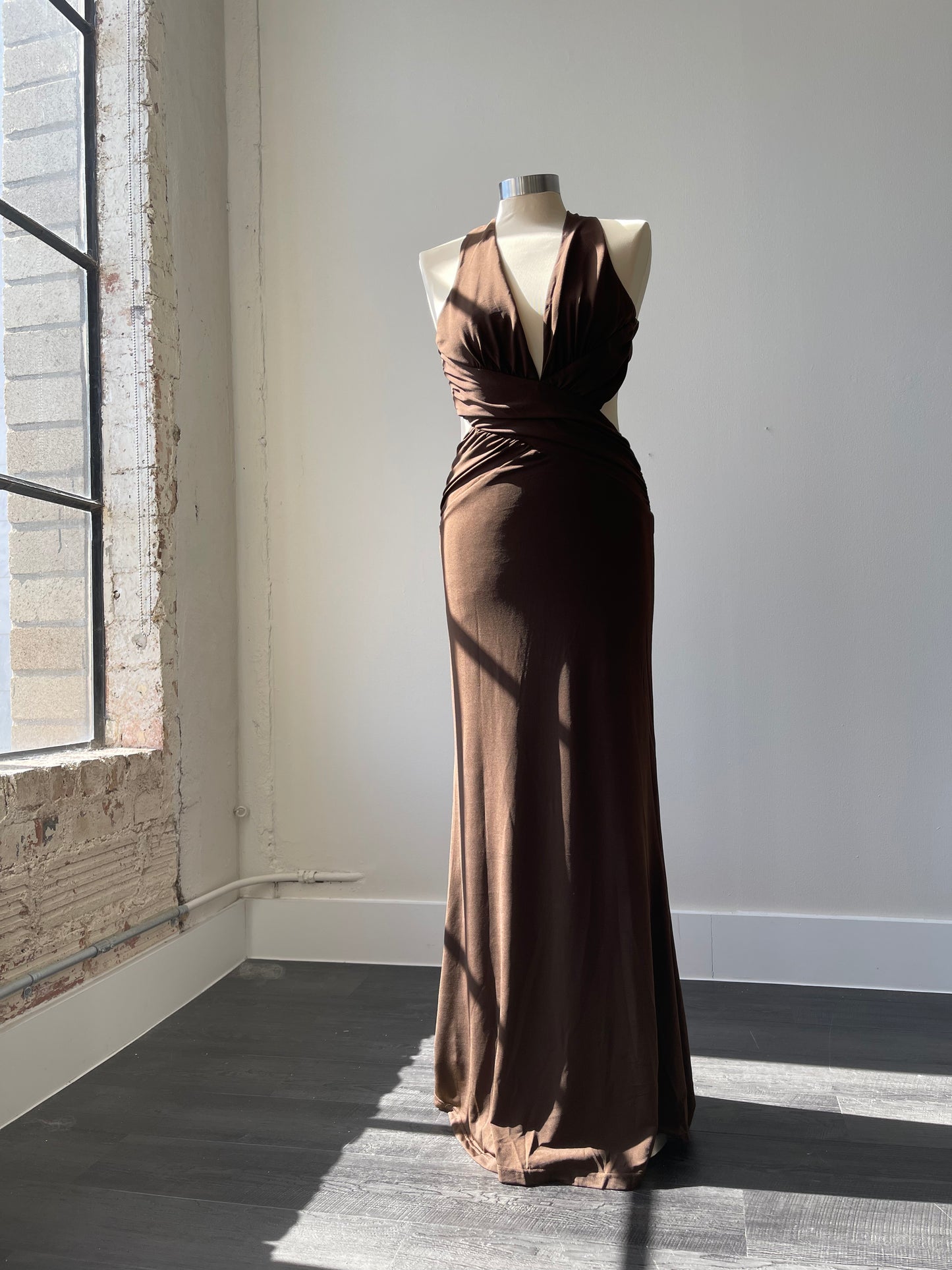 Dana Deep V Neck Open Back Halter Maxi Dress In Chocolate Brown