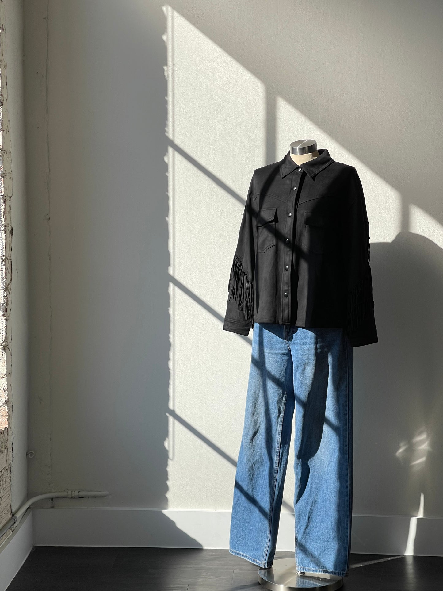 Dixie Microsuede Fringe Snap Front Shacket In Black