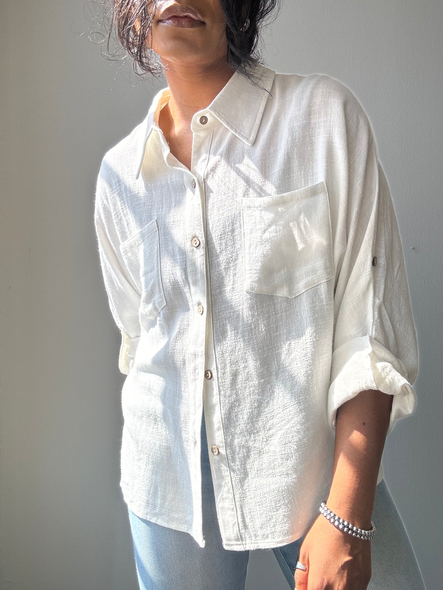 Cassidy Cotton & Linen Long Sleeve Button Down In Ivory