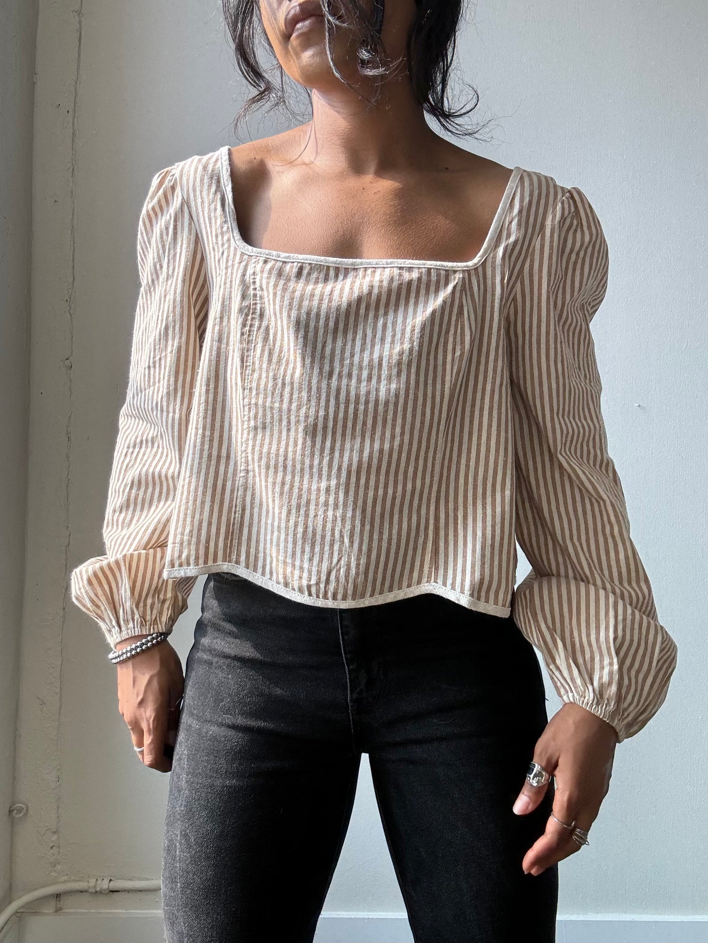 Marcella Cotton Button Back Striped Crop Top In Taupe