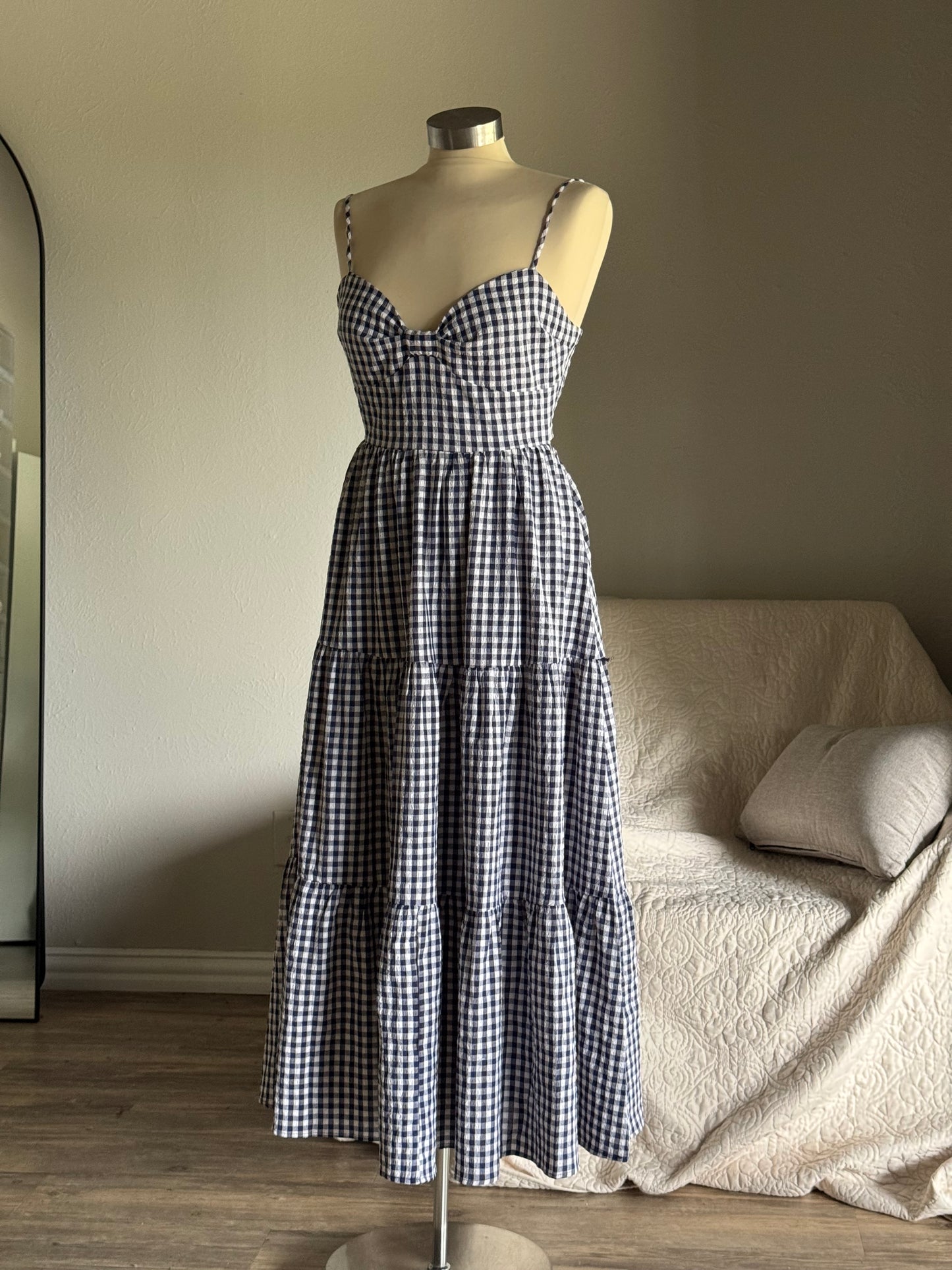 Mary Cotton Gingham Open Back Maxi Dress In Midnight Navy