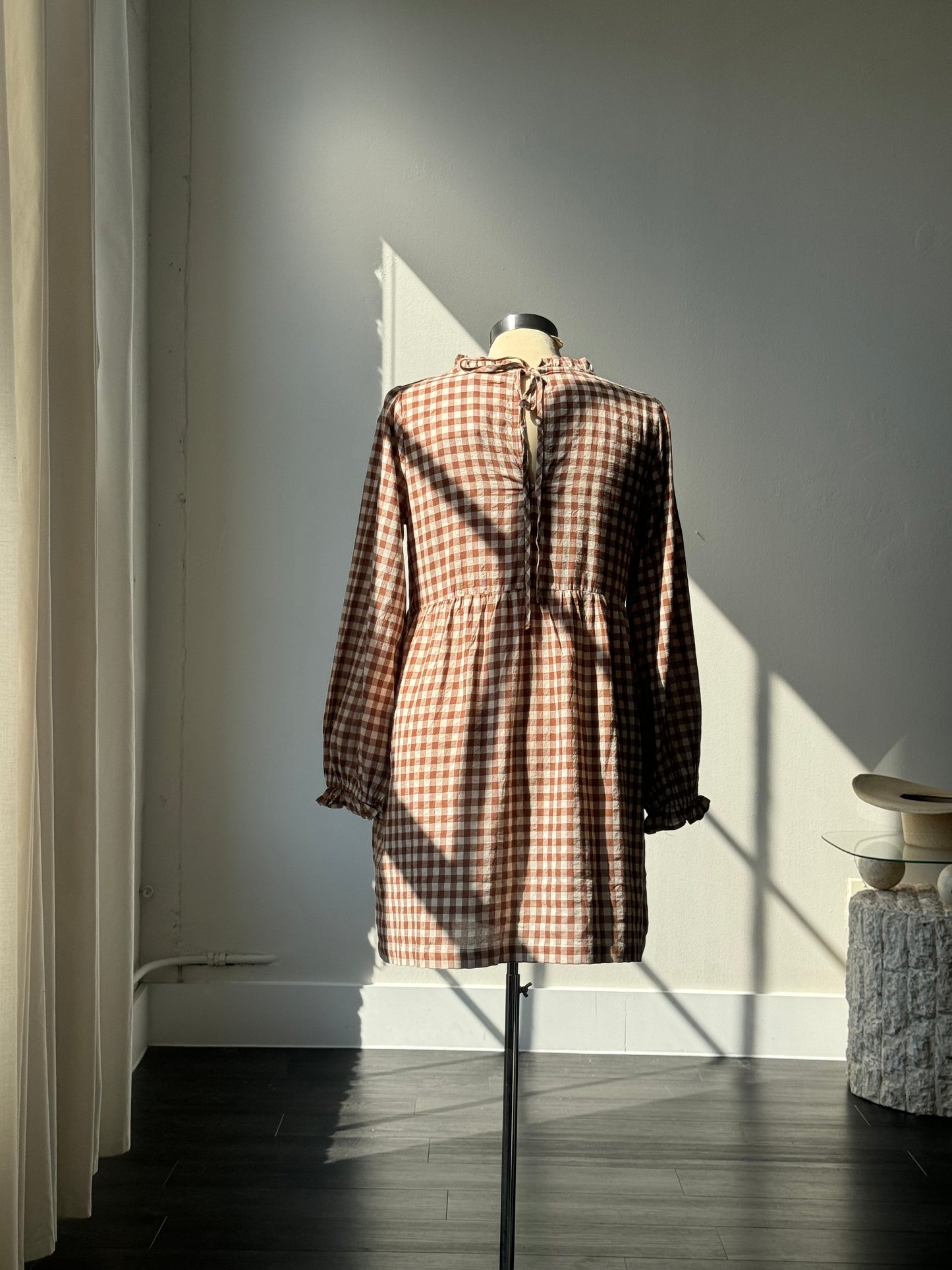 Angie Cotton Mock Neck Gingham Dress In Coffee