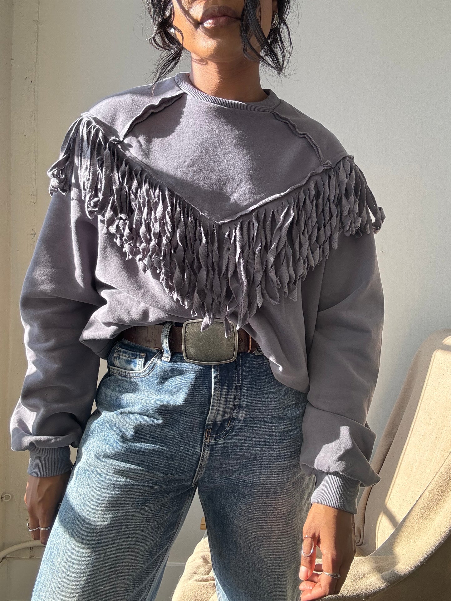 Kalon Cotton Crewneck Western Style Fringe Pullover In Charcoal
