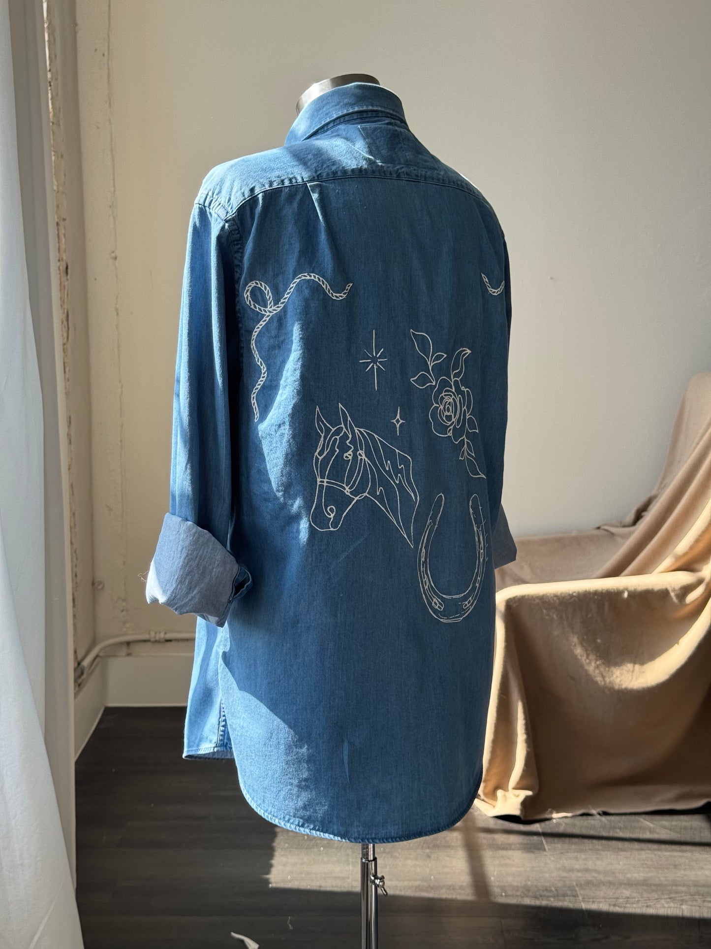 Jaxson Handcrafted Embroidered Button Down In Deep Denim