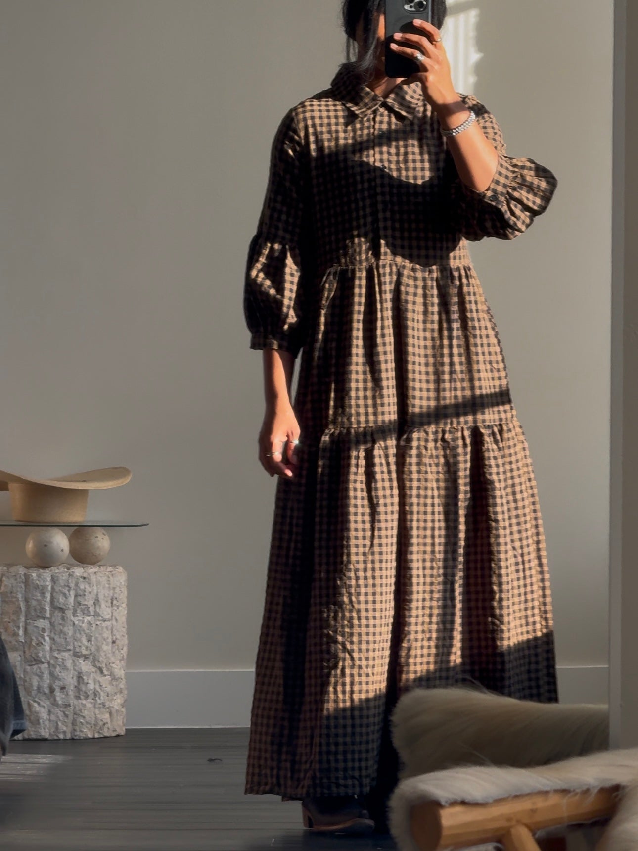 Jacqueline Cotton Gingham Maxi Dress In Olive Brown