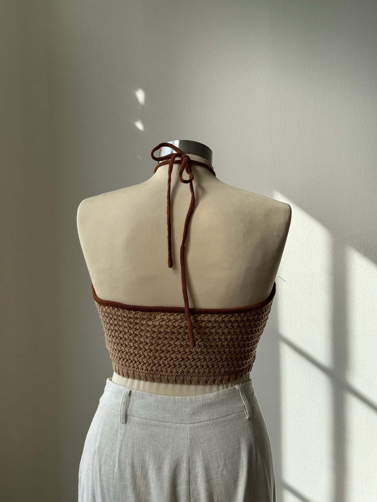 Billie Cotton Crochet Wave Open Back Halter Top In Brown