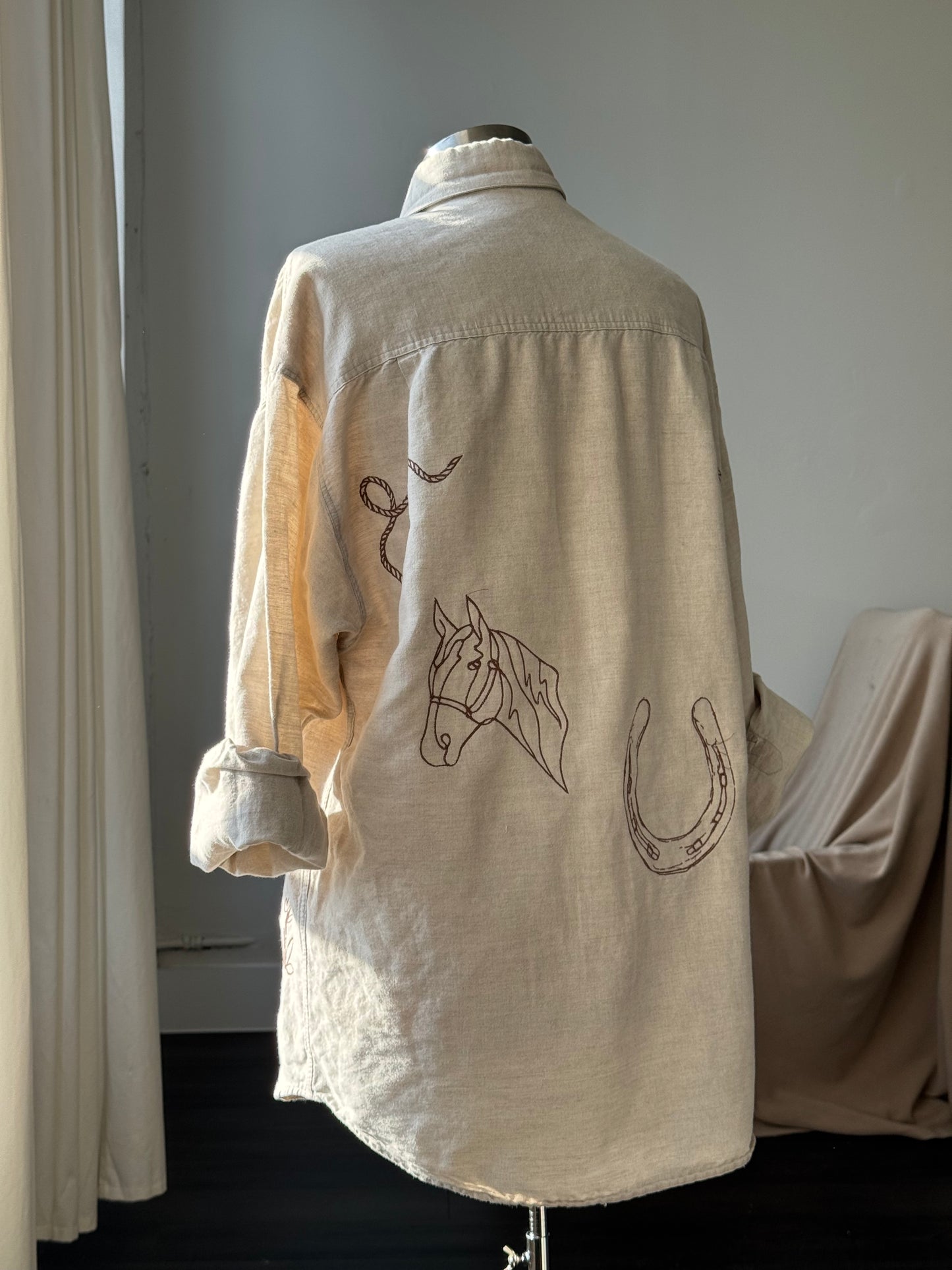 Jaxson Handcrafted Embroidered Button Down In Oatmeal