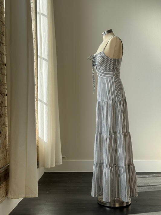 Hilda Cotton Linen Striped Maxi Dress In Navy