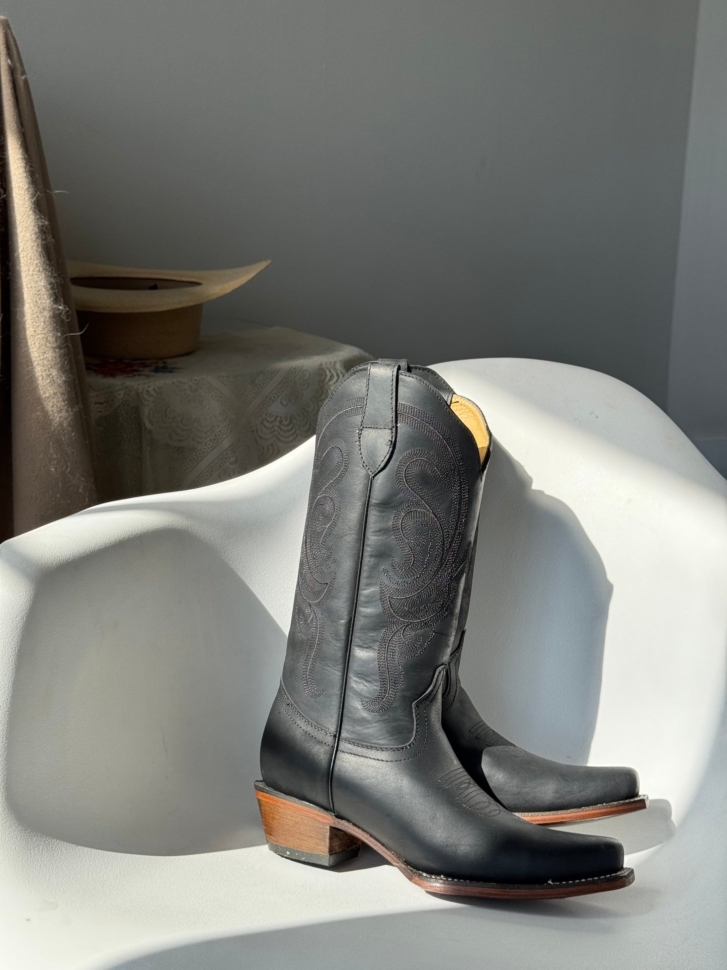 Matte Black Genuine, leather, Cowboy Boots