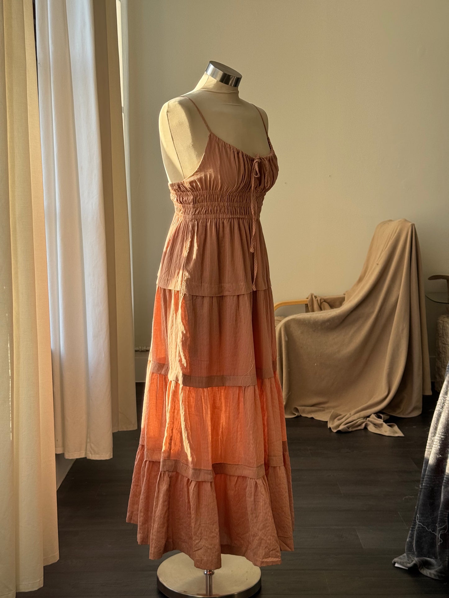 Marcelus Cotton Open Back Tiered Maxi Dress In Mocha