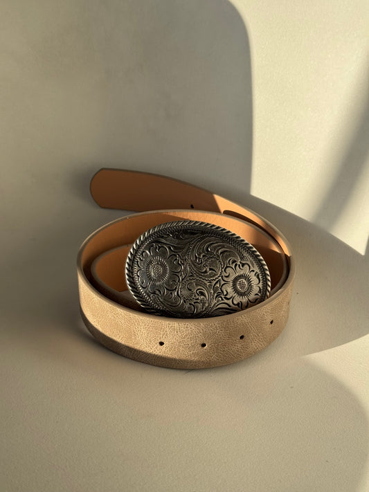 Patricia Buckle Taupe Belt In Antique Silver