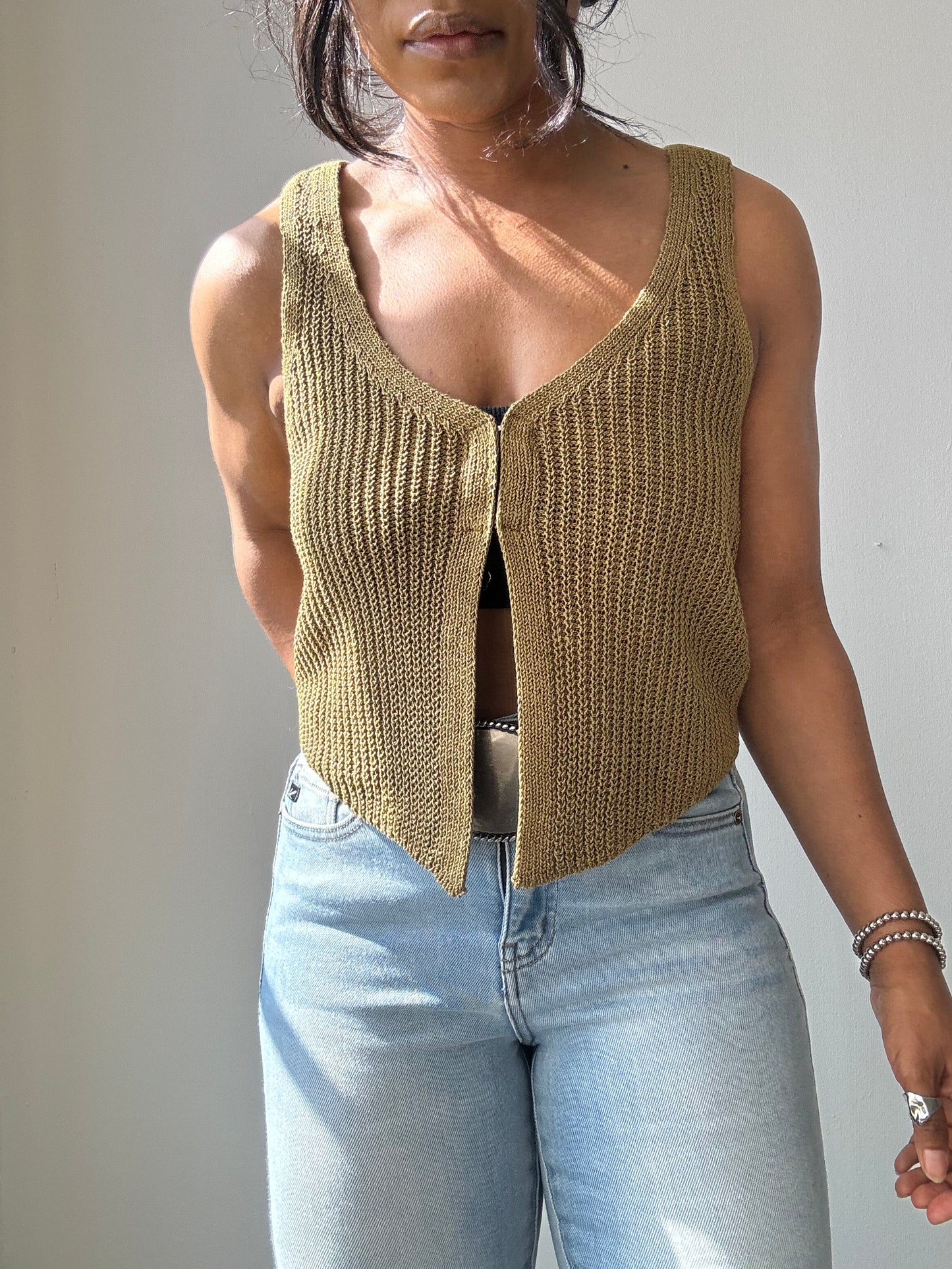 Kayla Crochet Knit Vest In Olive