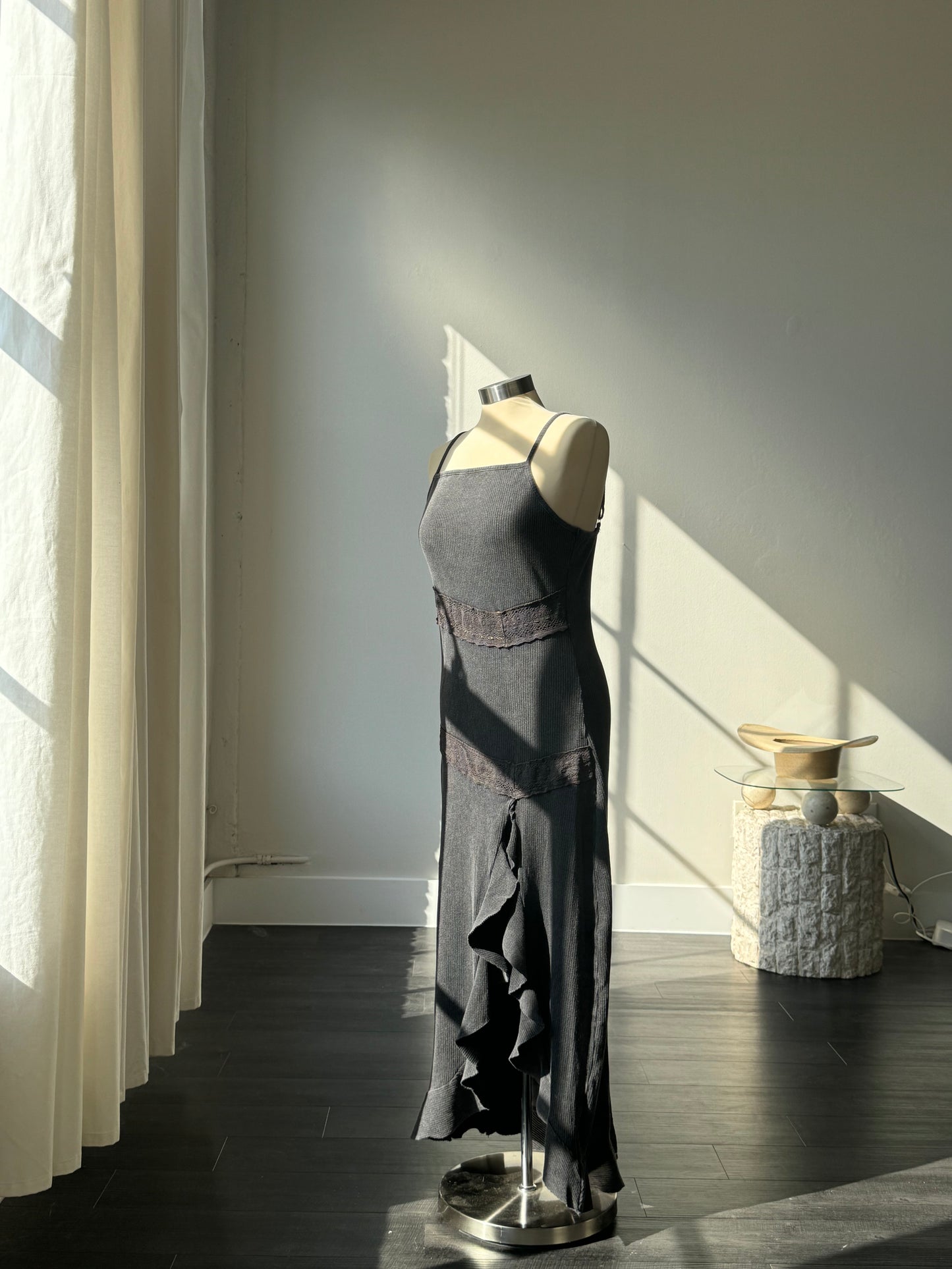 Patricia Cotton Ruffle Slit Ribbed Lace Maxi Dress In Vintage Grey