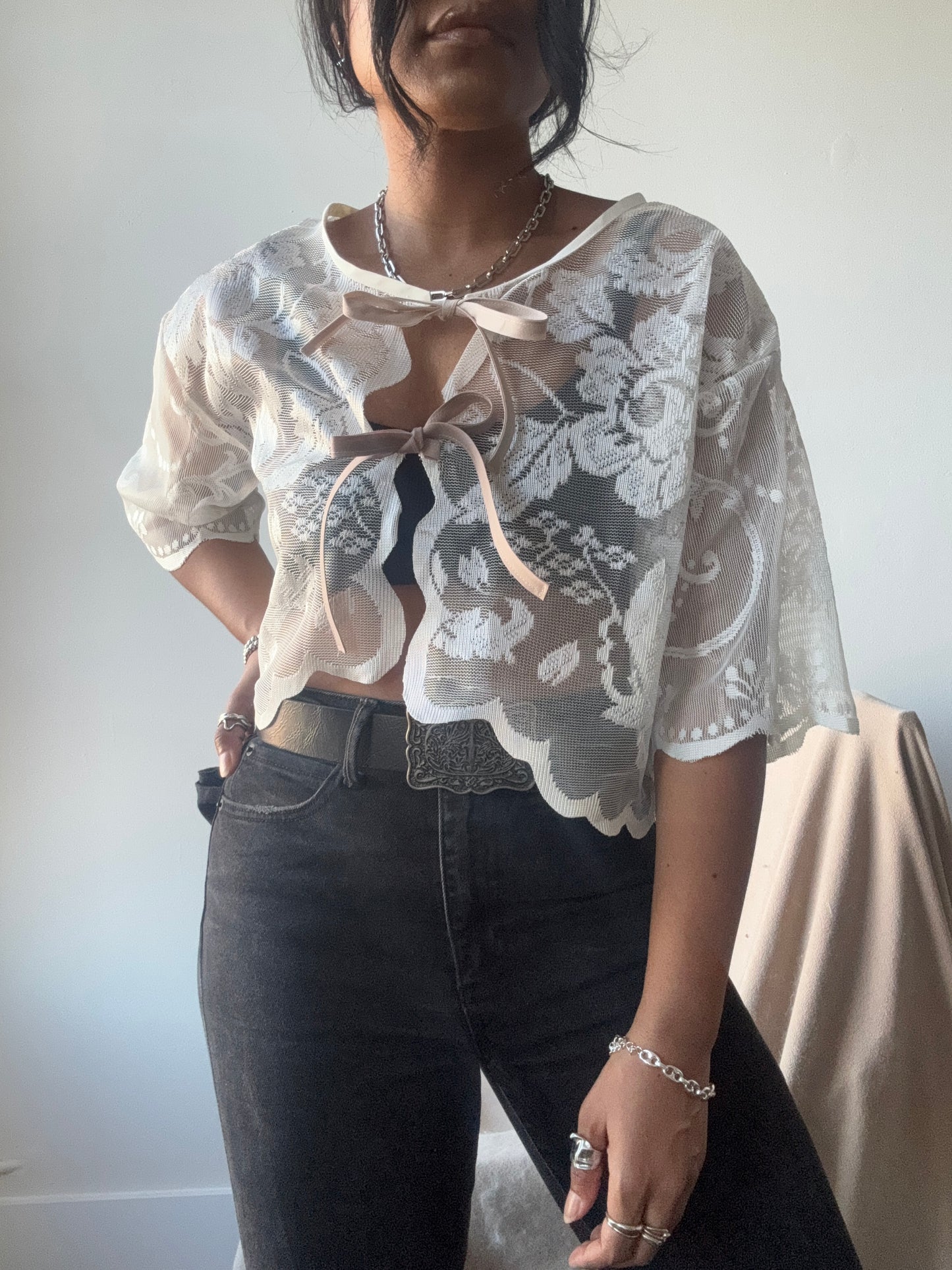 Sherie Handcrafted Vintage Lace Tie Top In Ivory