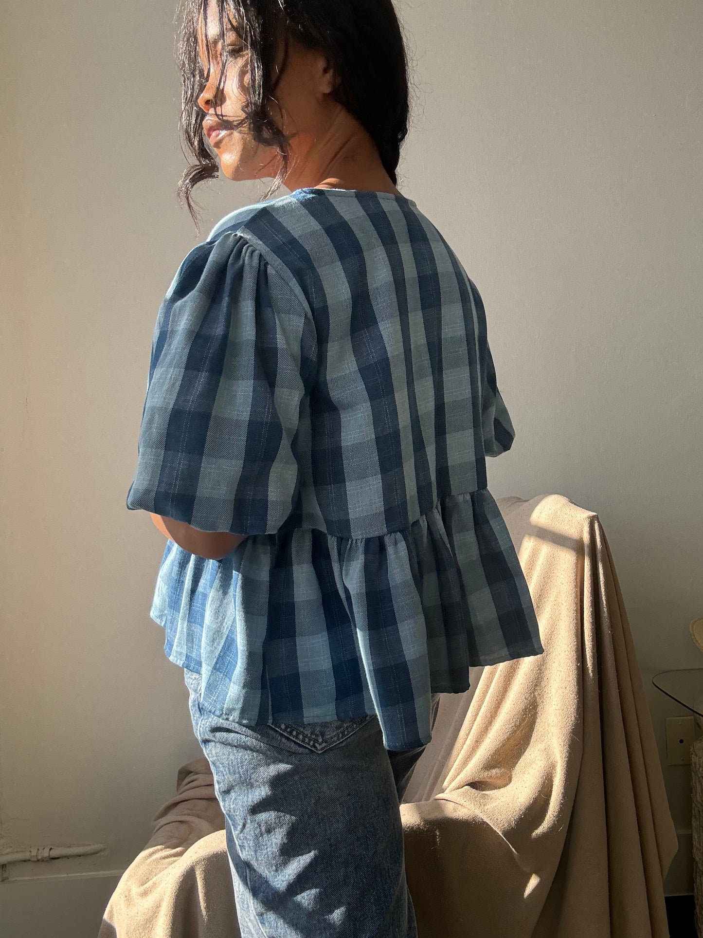 Gable Cotton Plaid Tie Top In Vintage Denim Blue