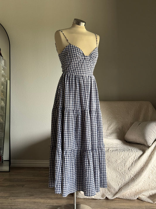 Mary Cotton Gingham Open Back Maxi Dress In Midnight Navy