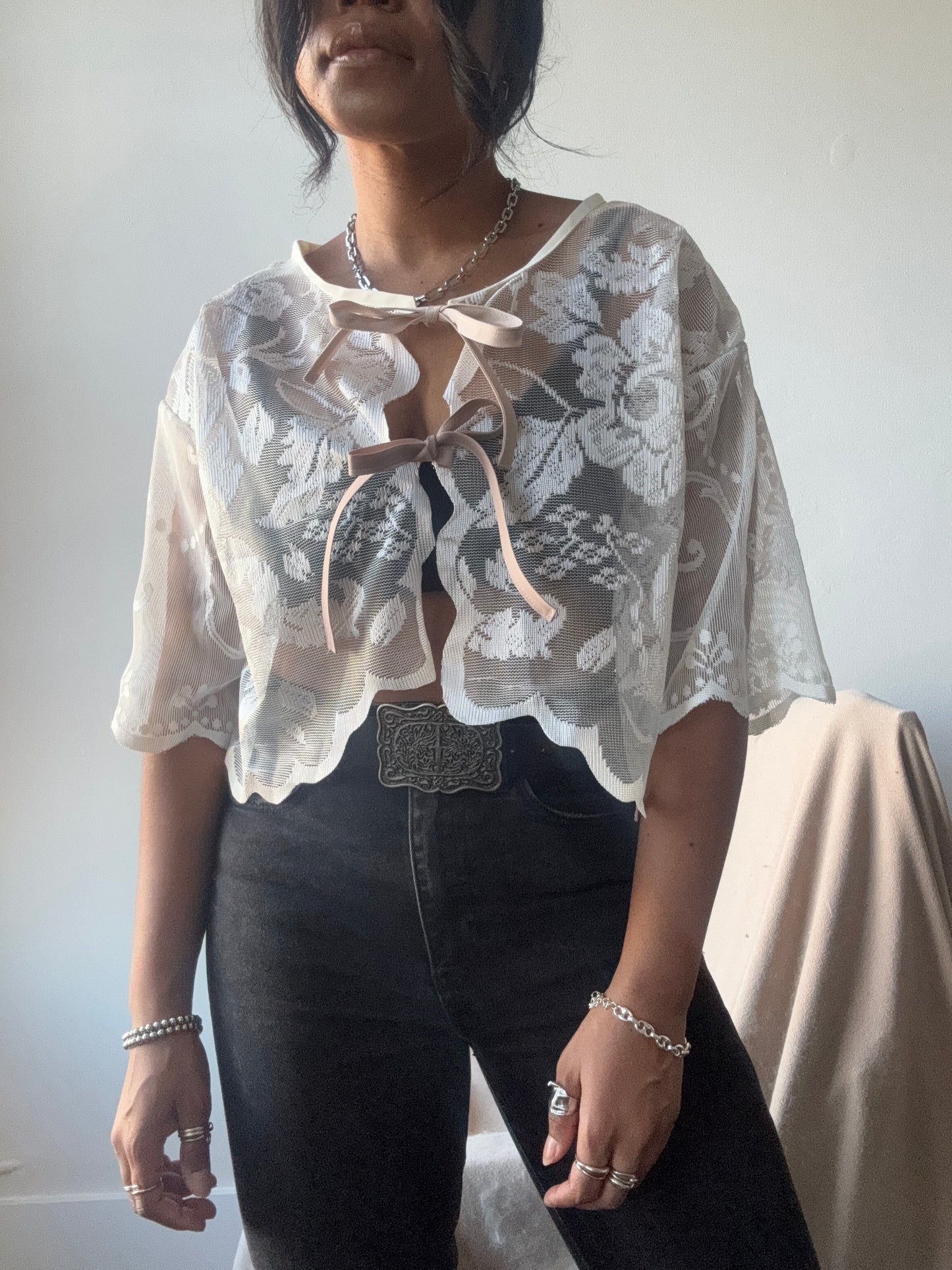 Sherie Handcrafted Vintage Lace Tie Top In Ivory