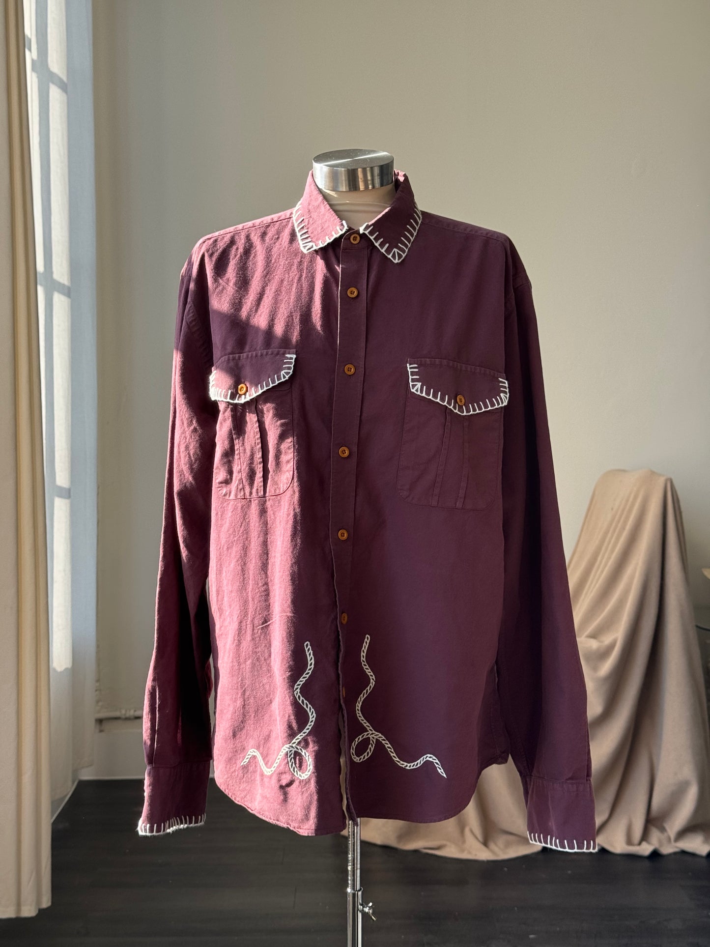 Michael Handcrafted Cowboy Blanket Stitch Embroidered Button Down In Red Brown