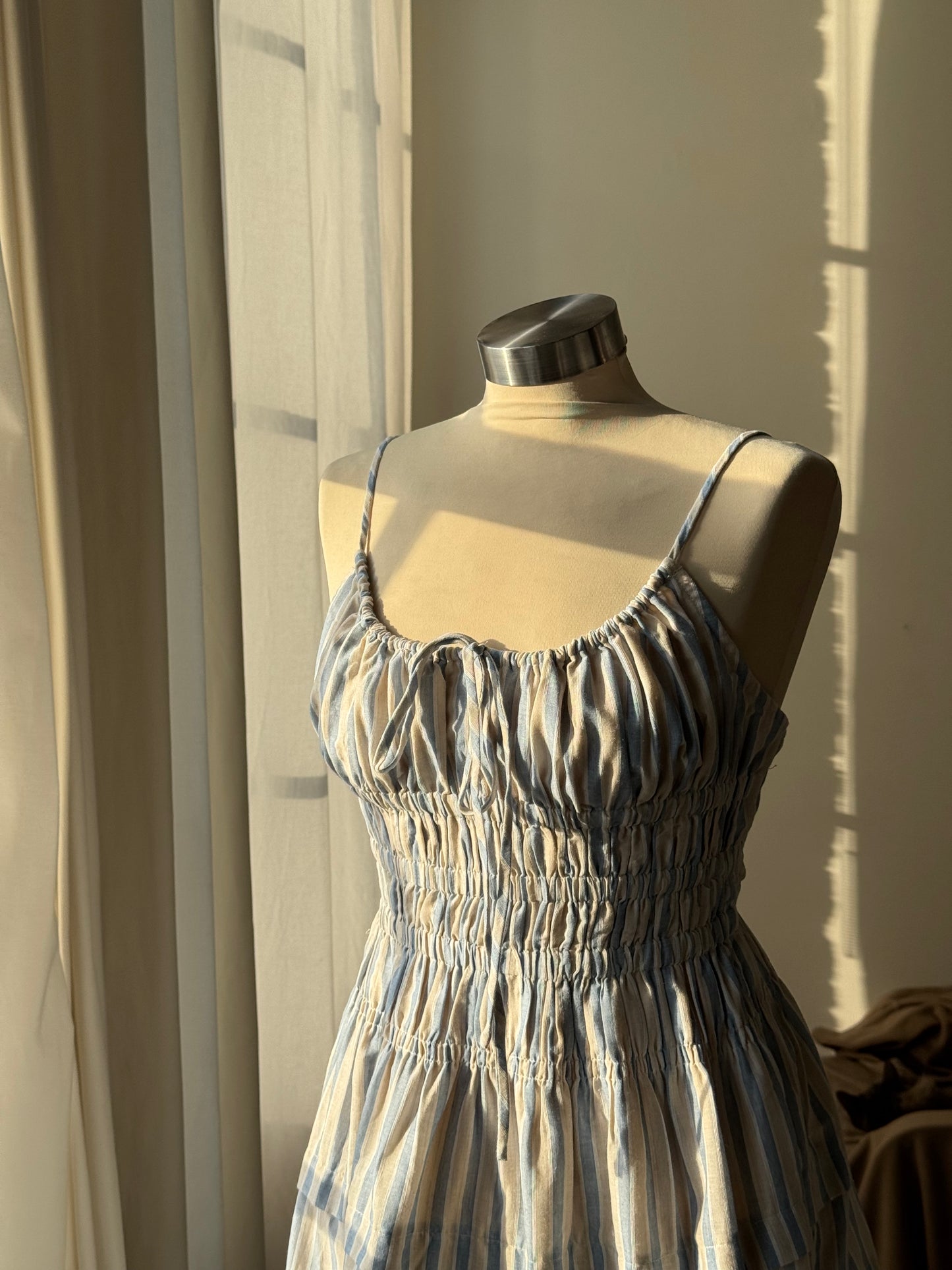 Laura Cotton Tiered Striped Midi Dress In Powder