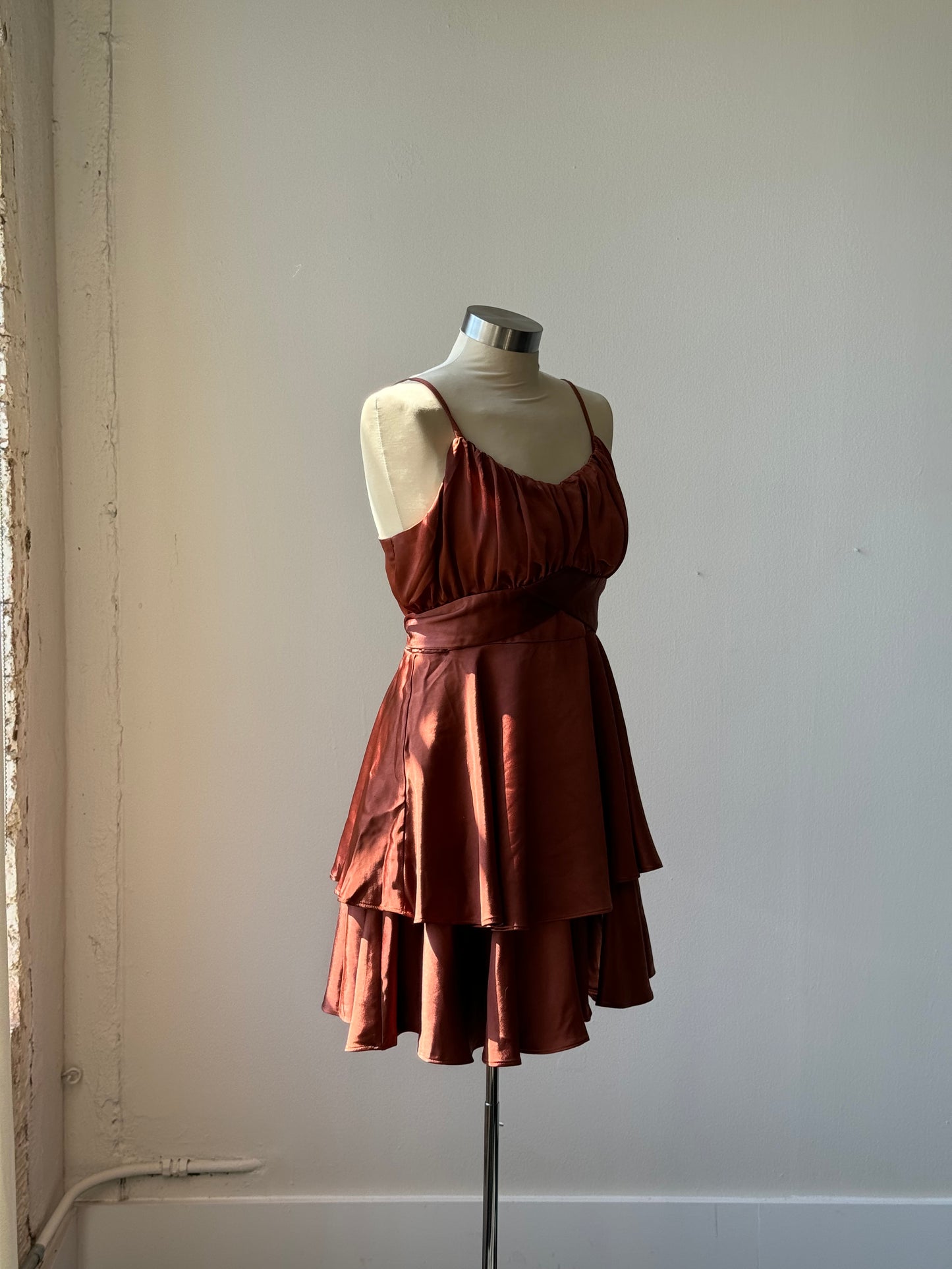 Saylor Tiered Satin Dress In Chocolate Brown