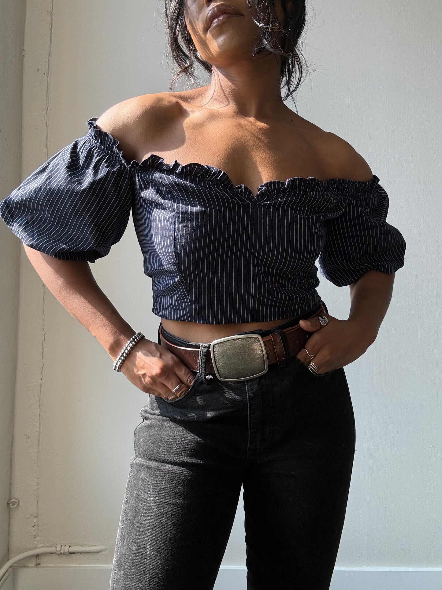 Lori Cold Shoulder Pinstripe Puff Sleeve Crop Top In Navy