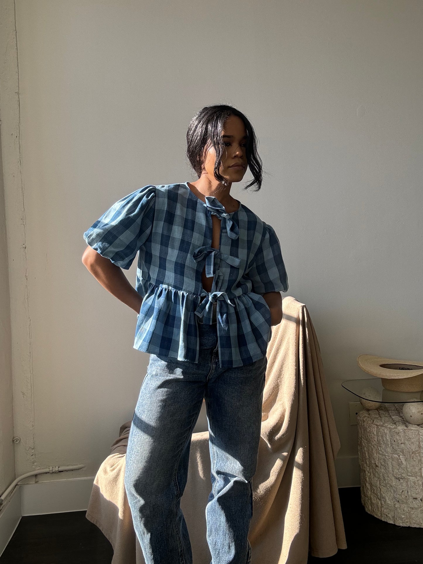 Gable Cotton Plaid Tie Top In Vintage Denim Blue