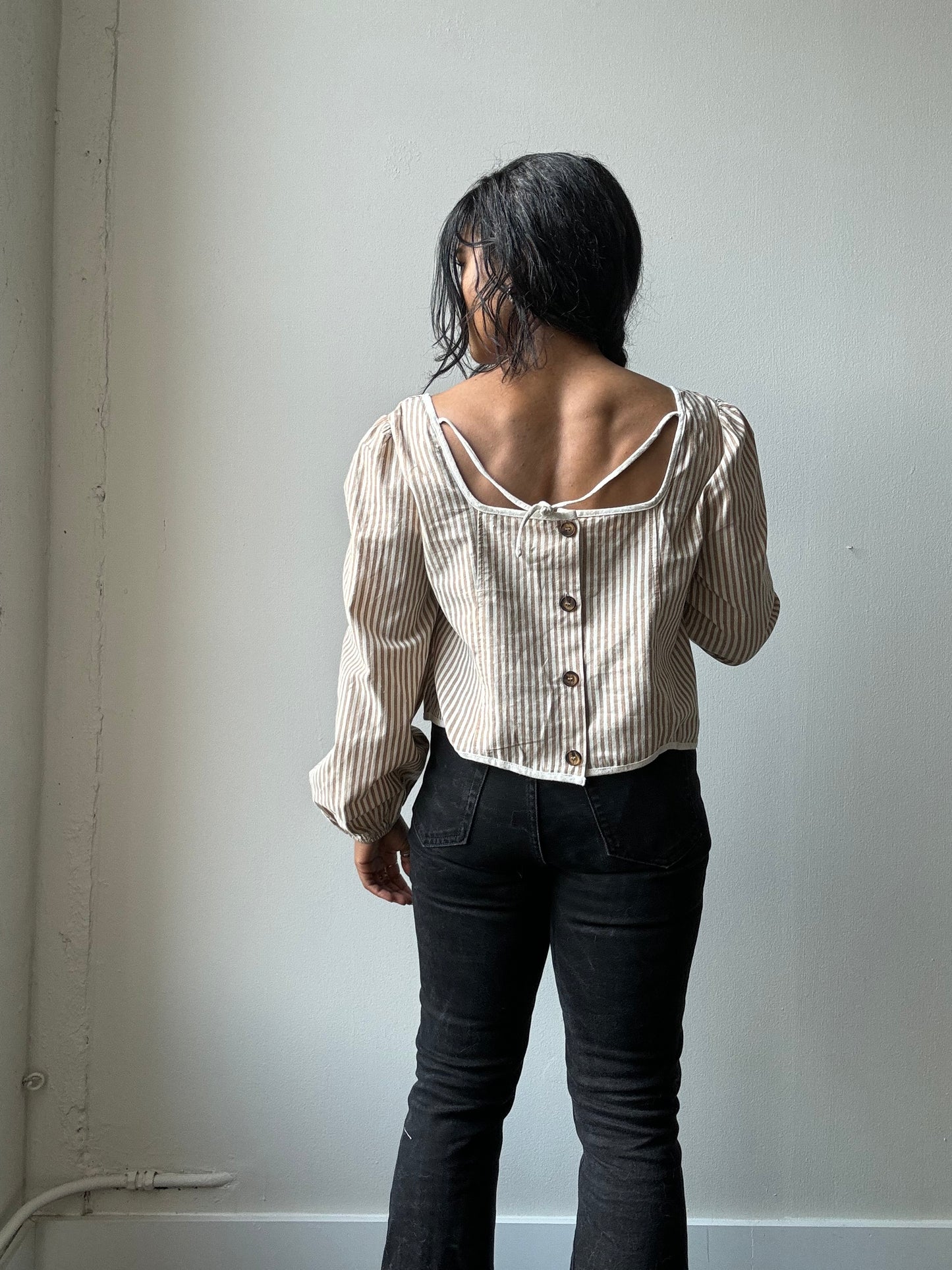 Marcella Cotton Button Back Striped Crop Top In Taupe