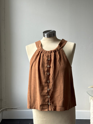 Teagan Linen Button Front Halter Tank Top In Rust