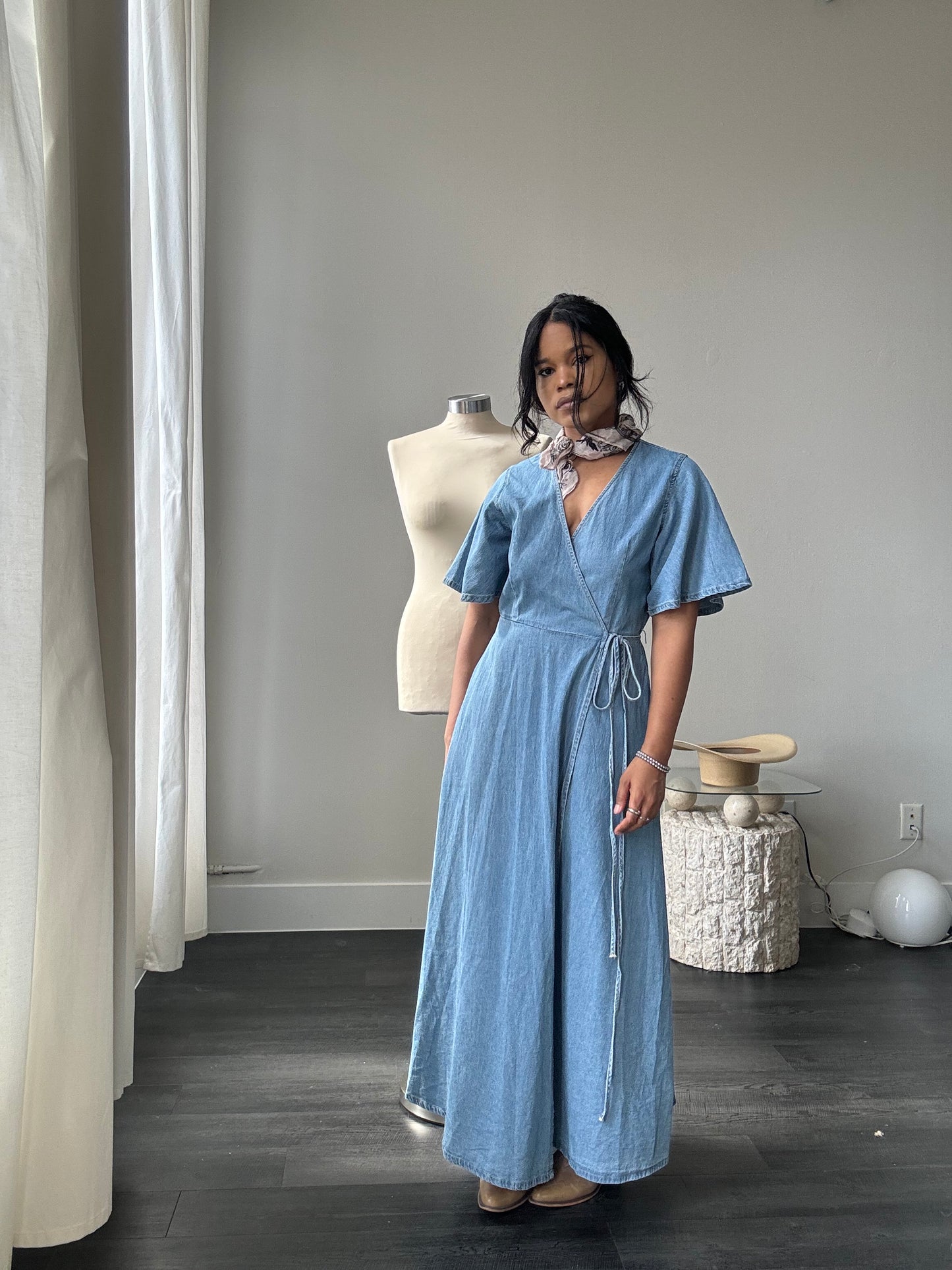 Robbyn Cotton Denim Wrap Dress In Light Wash