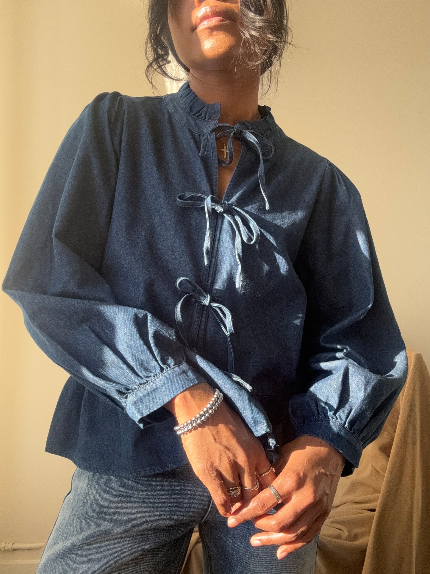 Jezebel Denim Open Front Tie Top In Indigo