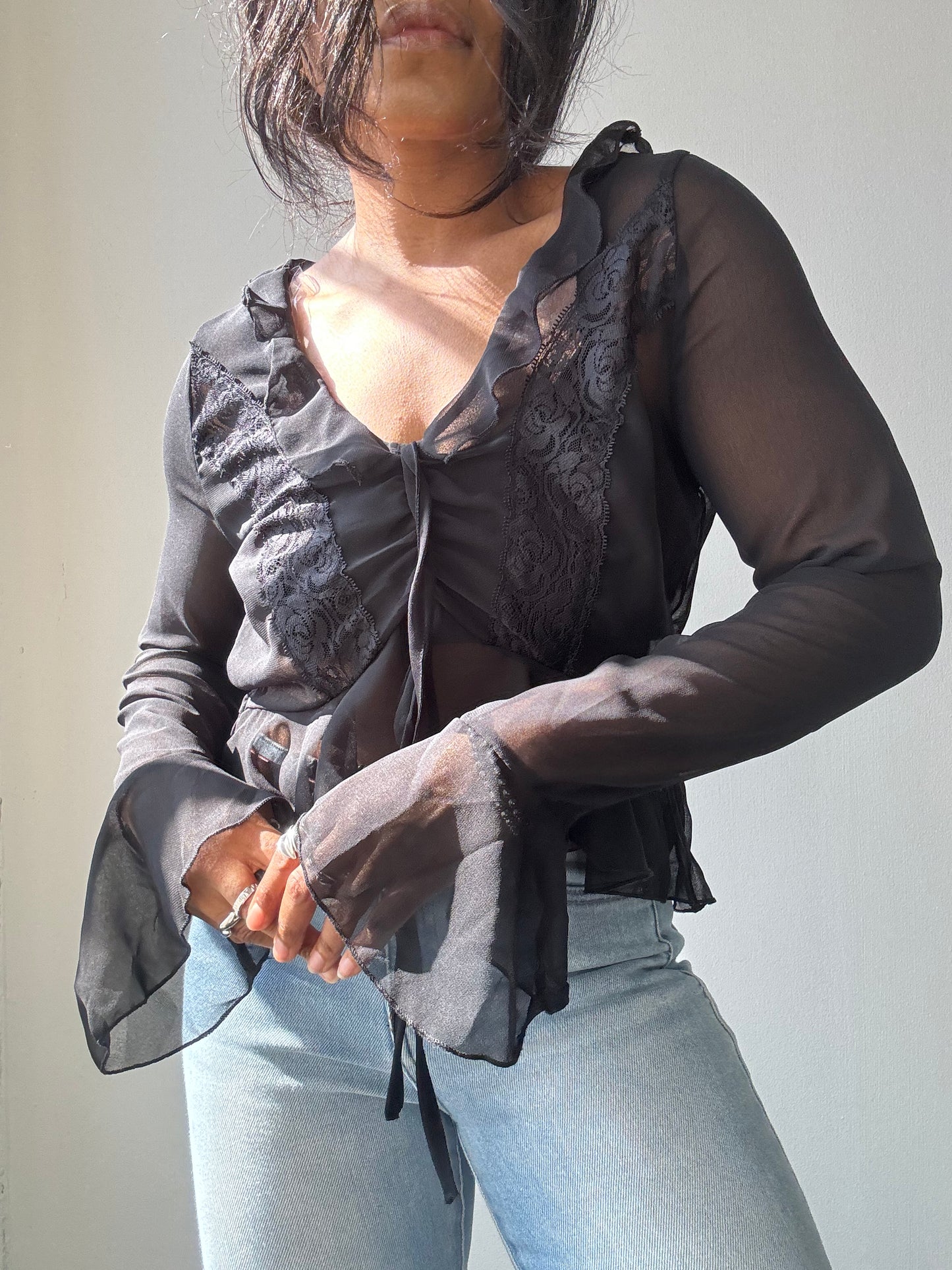 Melody Sheer Lace Tie Front Ruffled Top In Black