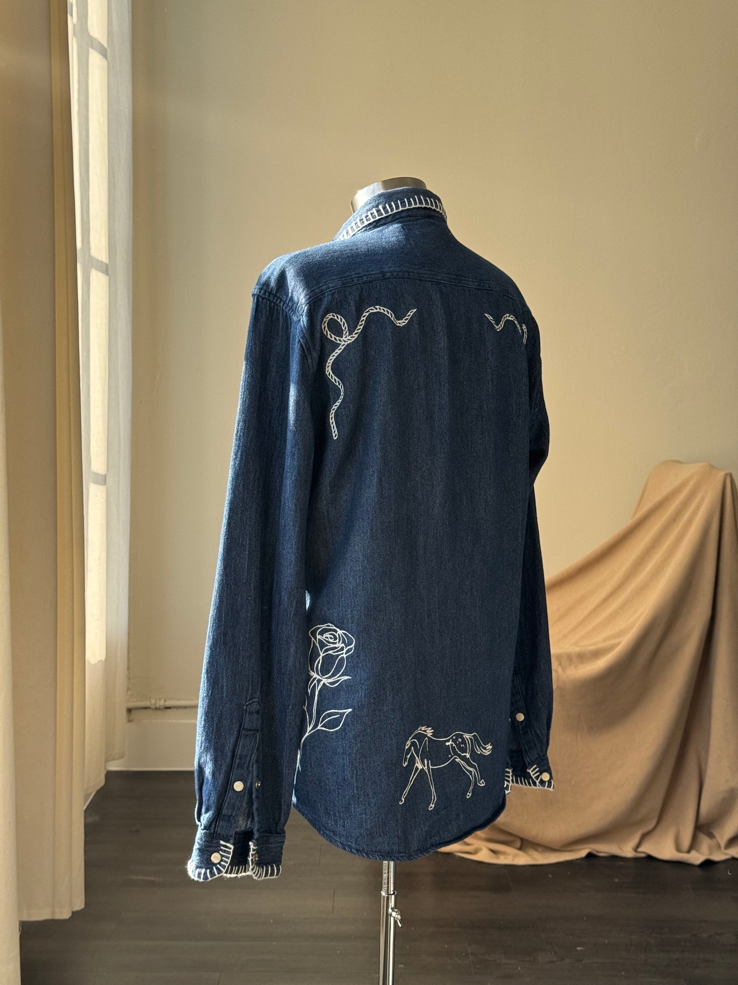 Michael Handcrafted Cowboy Stitch Embroidered Button Down In Denim
