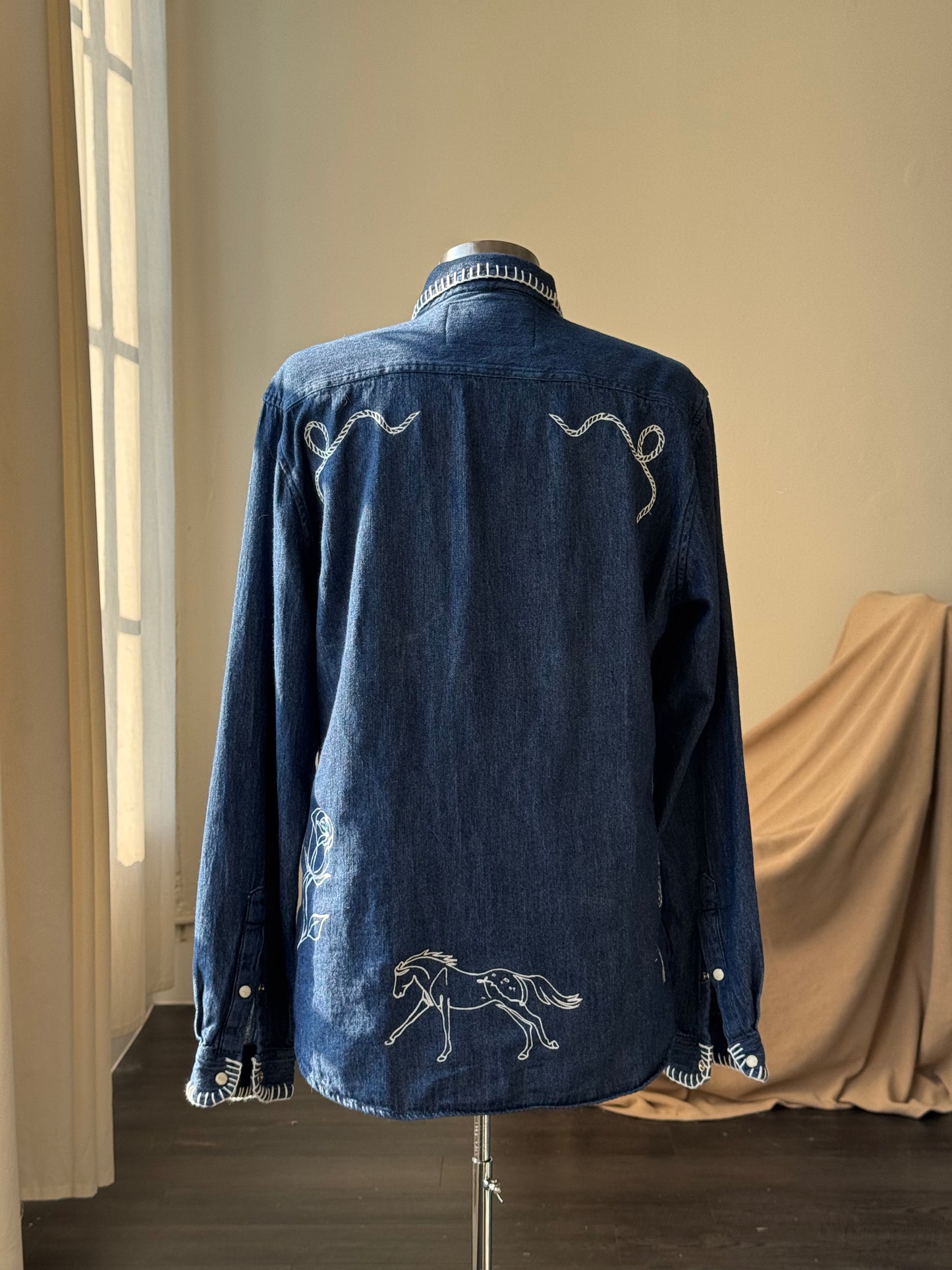 Michael Handcrafted Cowboy Stitch Embroidered Button Down In Denim