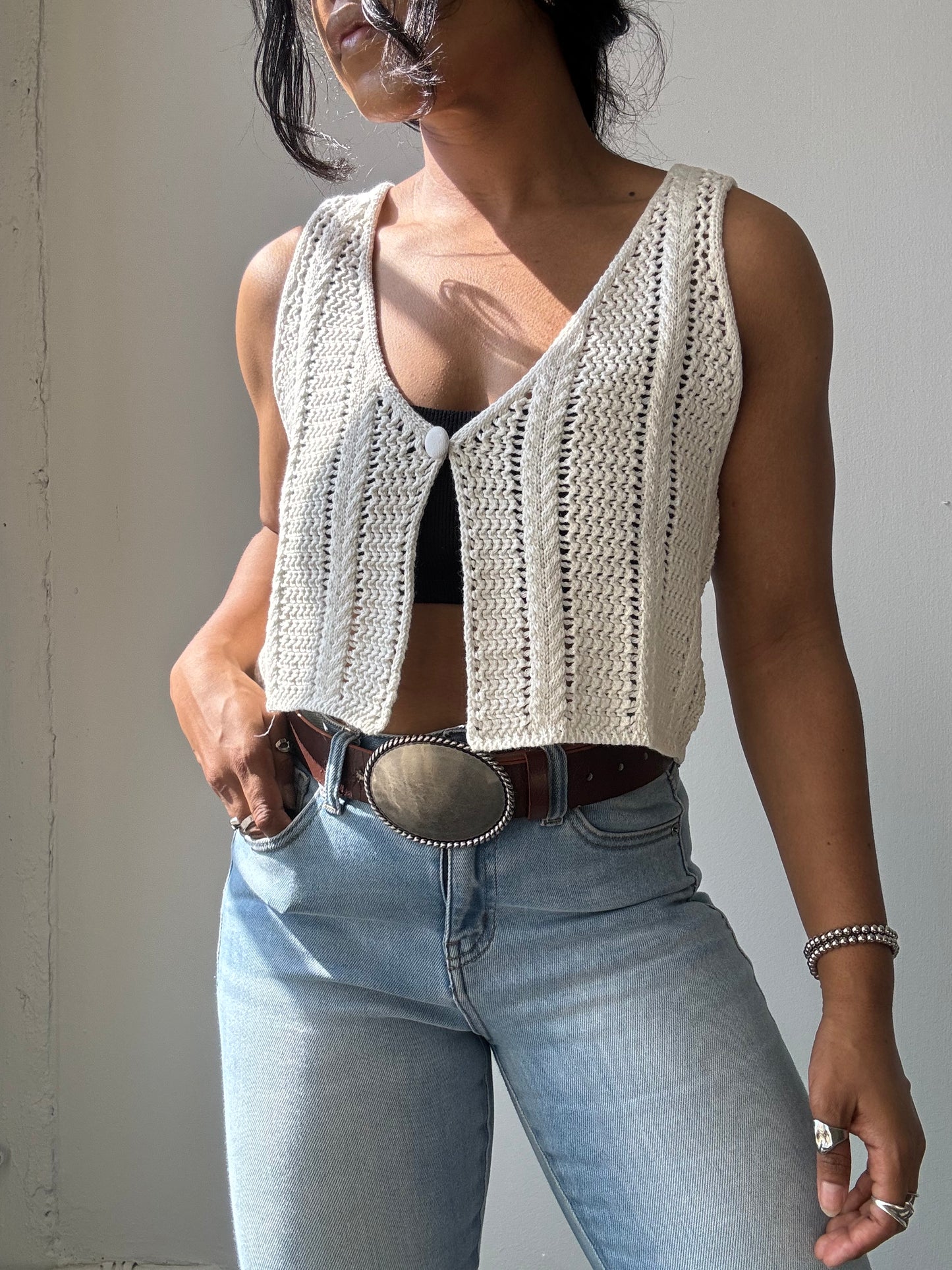 Sheryl Cotton Crochet Single Front Closure Crop Top In Ivory