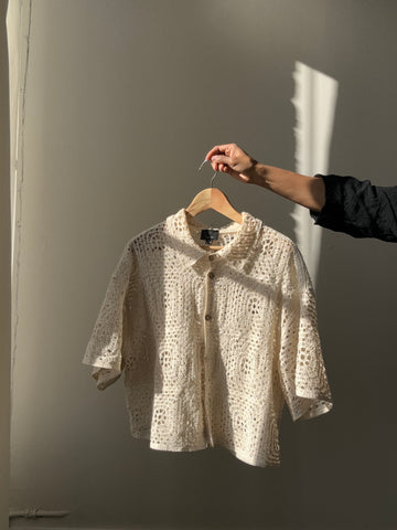 Matthew Cotton Crochet Cropped Short Sleeve Button Down In Natural